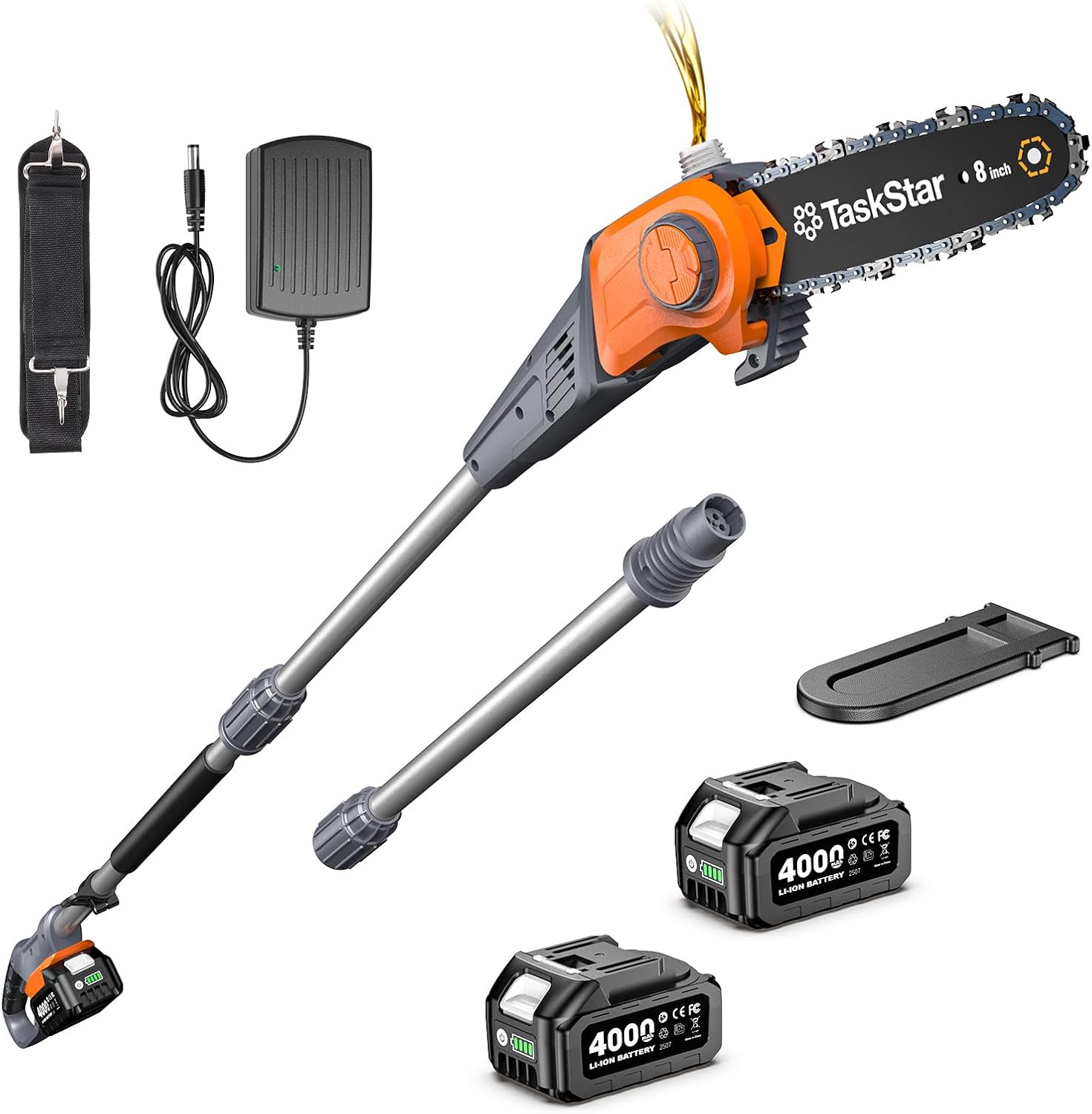 8-Inch Cordless Pole Saw, Electric Pole Saws for Tree Trimming, 2×4000mAh Batteries, 600W Powerful Motor, Max Reach 15Ft, Tool-Free Chain Tensioning, Auto Lubrication