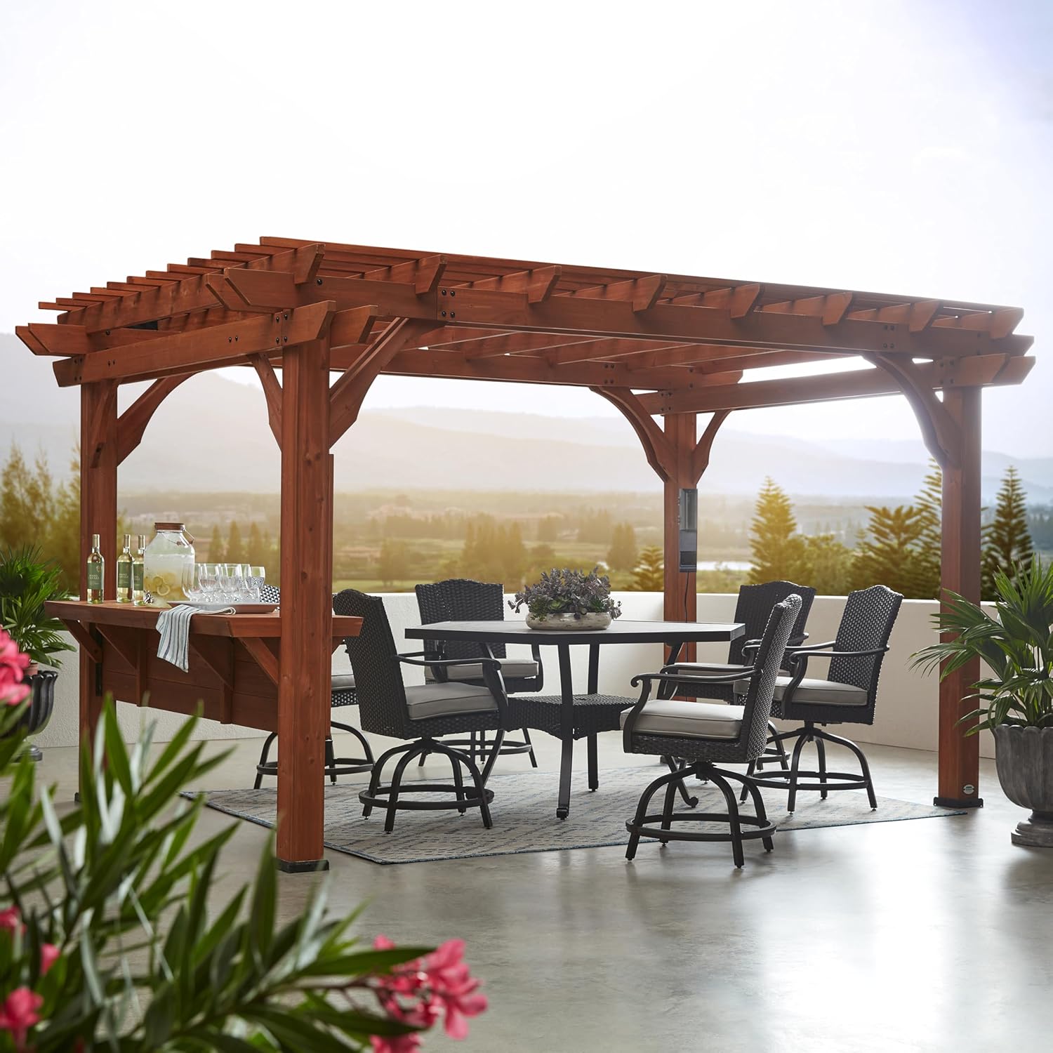 Backyard Discovery Ashland 14' x 10' Cedar Wood Pergola Kit with Trellis Roof, Built-In Bar Top, All-Season Durability, High-Wind Rating, PowerPort, Shade for Outdoor Patio, Deck, Garden, Entertaining