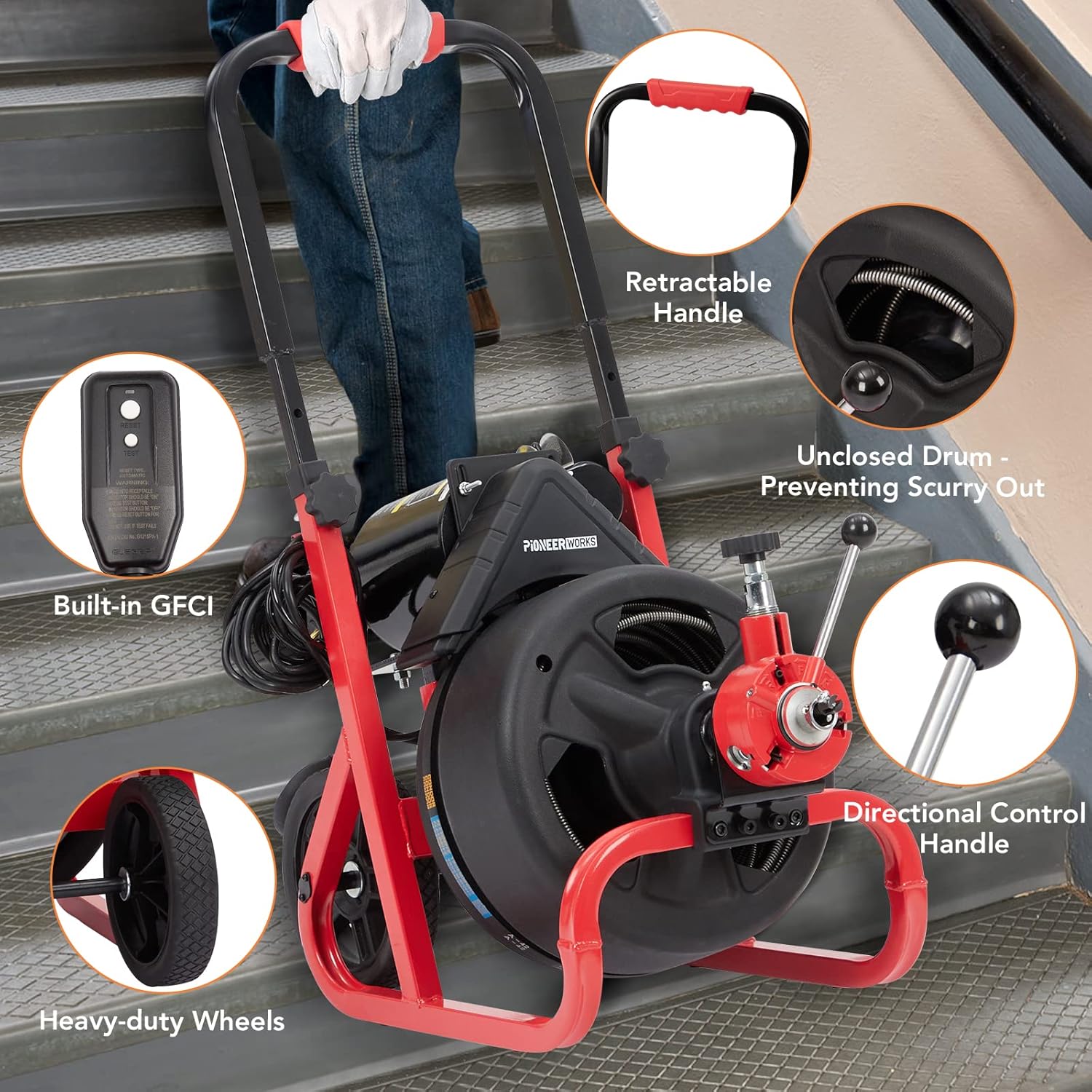 PIONEERWORKS 100Ft x 3/8In Drain Cleaner Machine, Auto-feed Electric Drain Auger Professional 6.8A, Air-Activated Foot Switch, with 6 Cutters, Glove, Drain Auger Cleaner Sewer Snake