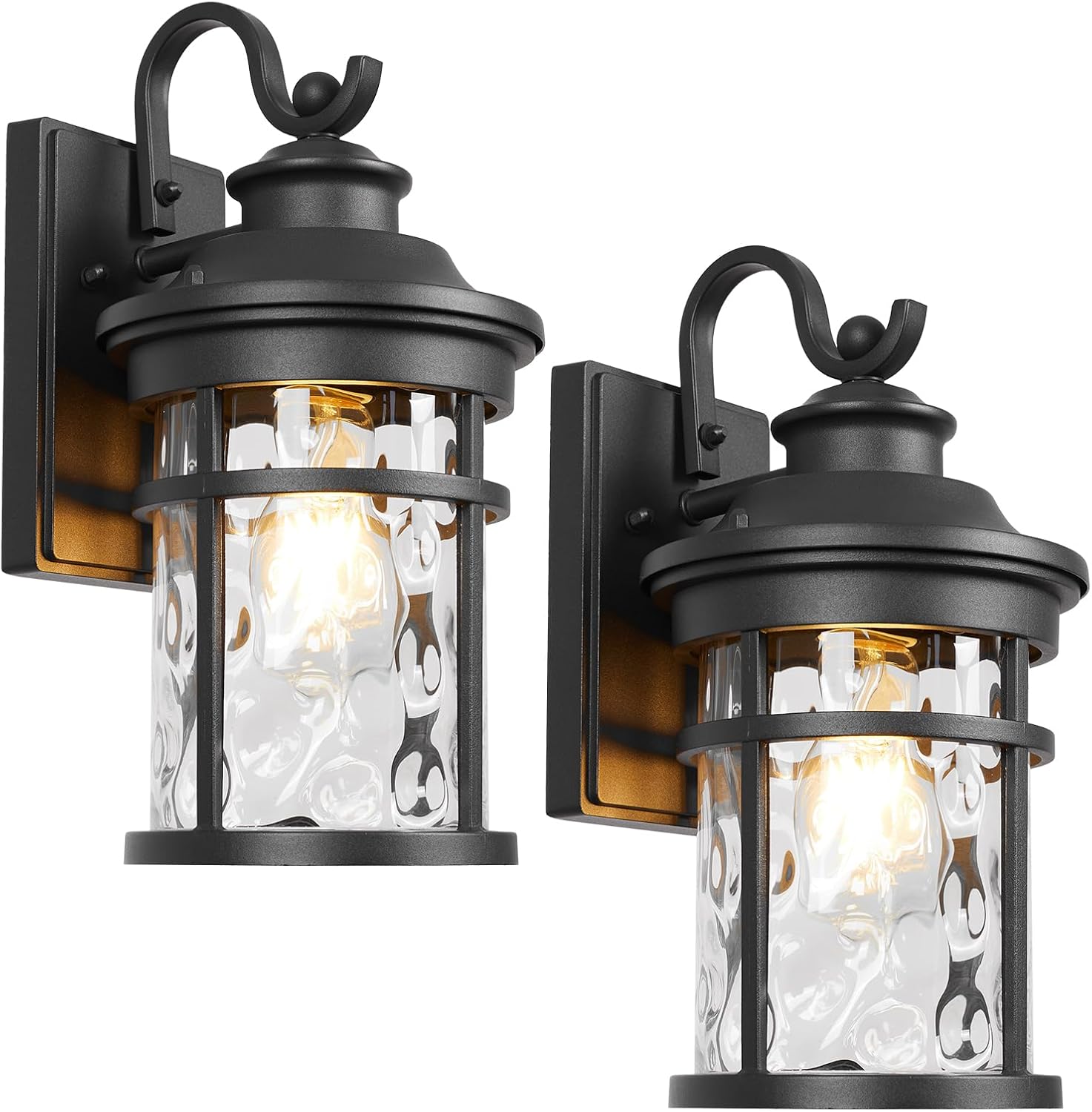 Treekee Outdoor Light Fixture Wall Mount, Modern Exterior Wall Sconce with Water Ripple Glass & E26 Sockets for Front Porch, Farmhouse Rustic Black Wall Lantern Lamp for Patio Garage Home Yard