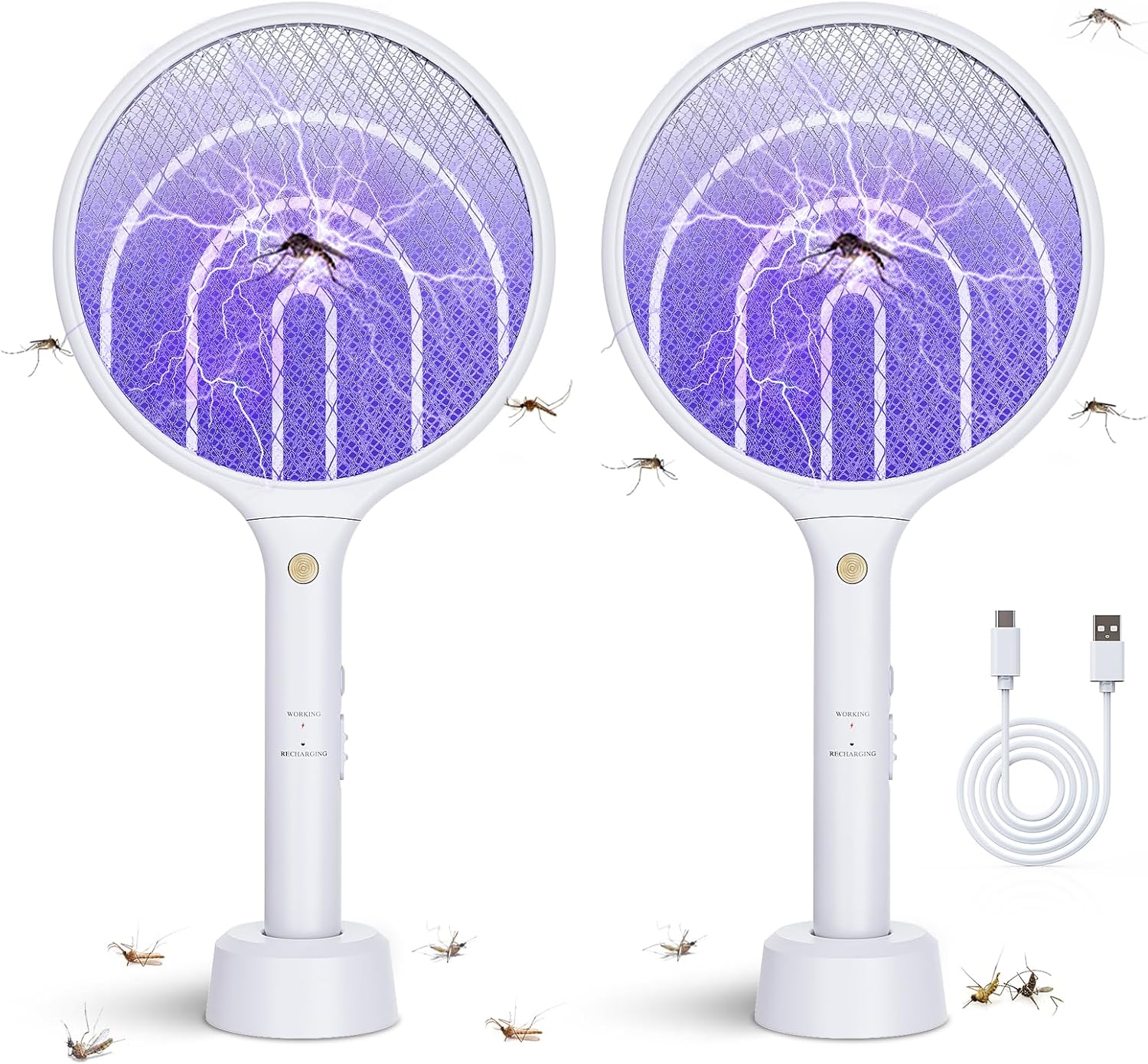 2 Pack Electric Fly Swatter Racket 3000V Bug Zapper 2 in 1 Mosquito Zapper USB Rechargeable, 1200mAh Mosquitoes Killer Lamp & Fly Zapper with 3 Layer Safety Mesh for Home