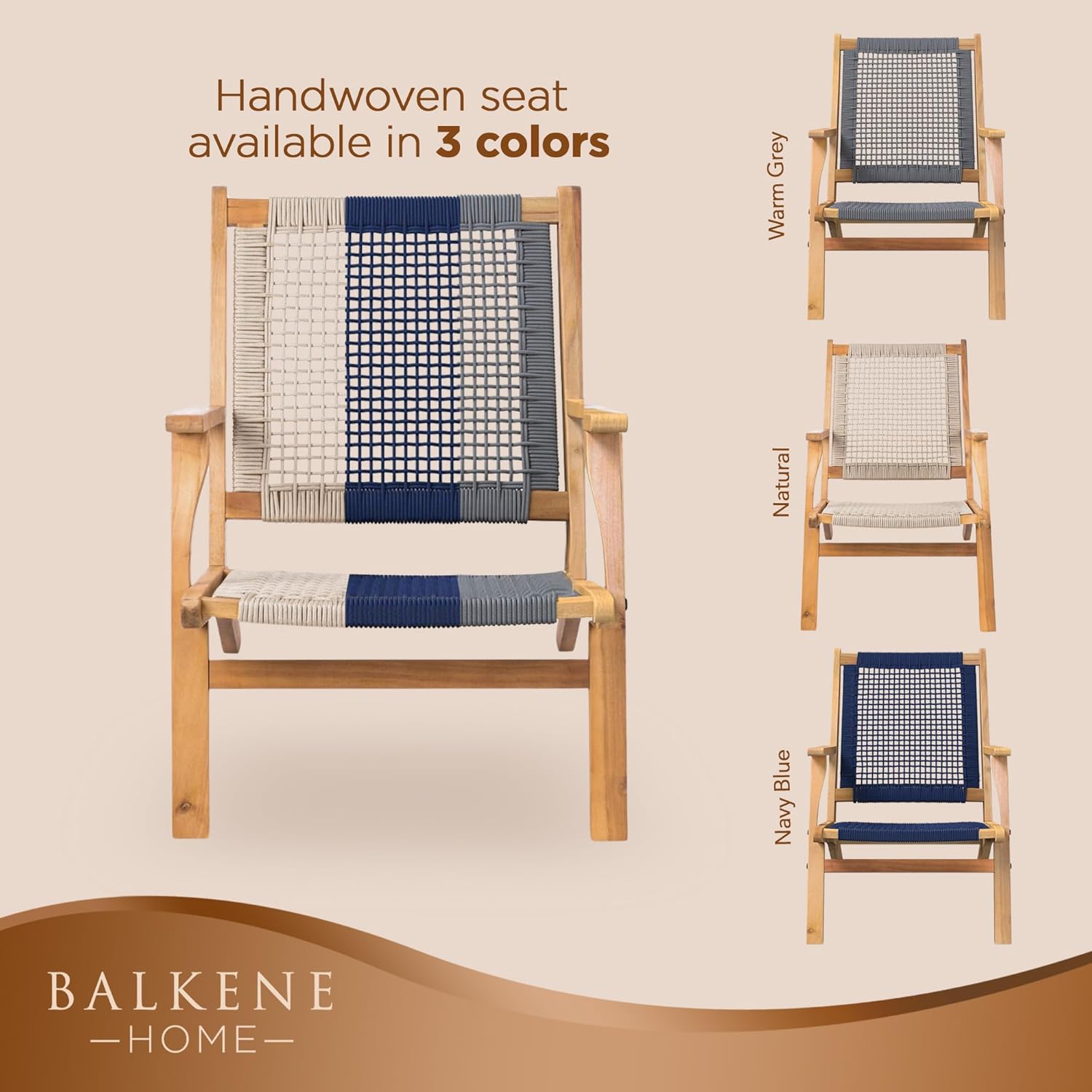 Balkene Home 62773 Vega Natural Stain Outdoor Chair Acacia Wood Construction Hand Woven Seat Mid Century Design Comfortable Reclining Armchair Patio Lawn Garden Backyard Deck - Ecru Cording