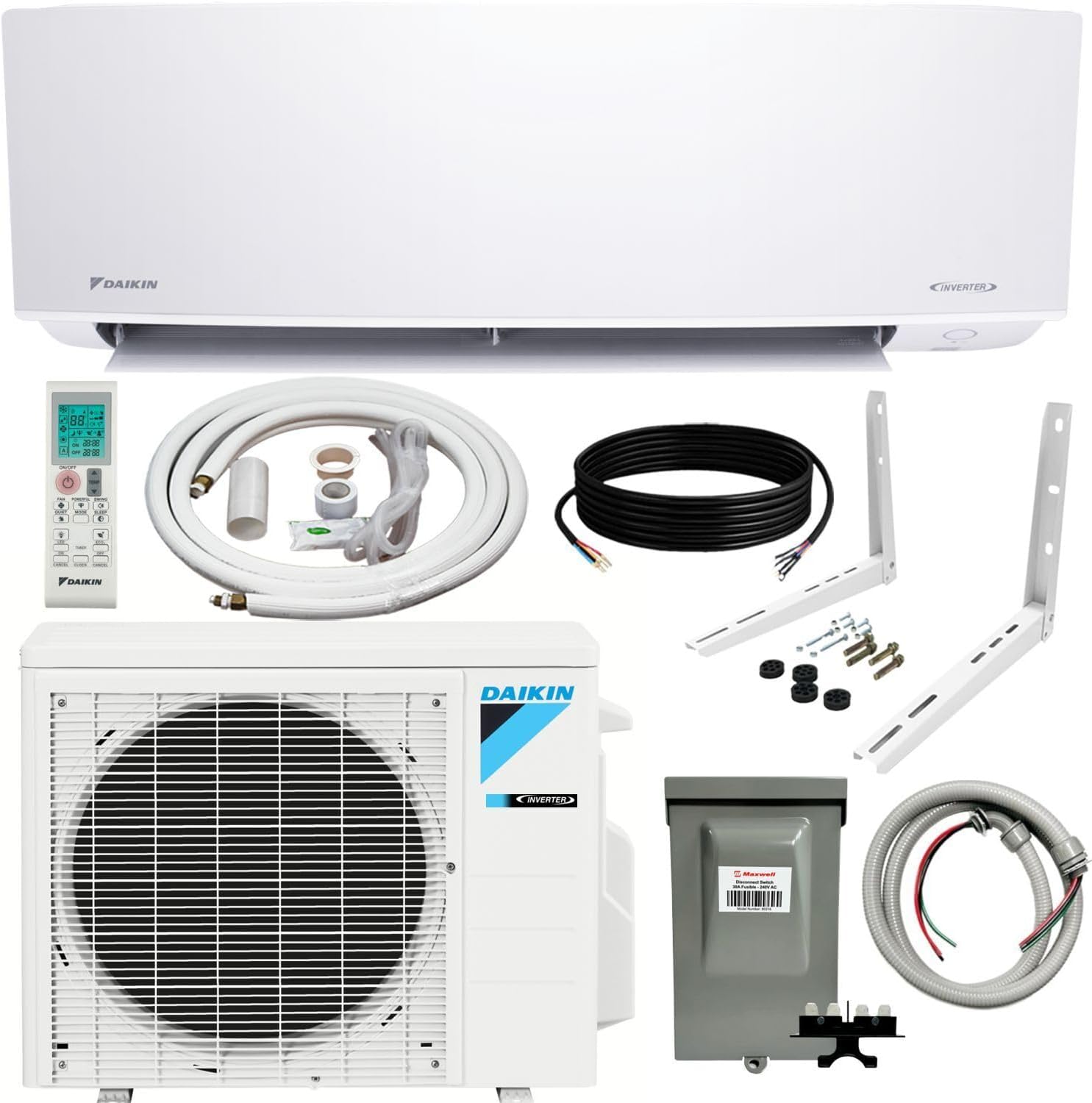 Daikin 24,000 Btu 18 SEER2 Ductless Mini-Split Wall Mount Heat Pump Air Conditioner - R32 w/ 15' Installation Kit, 1/2 Whip, 30A Disconnect, and Wall Bracket