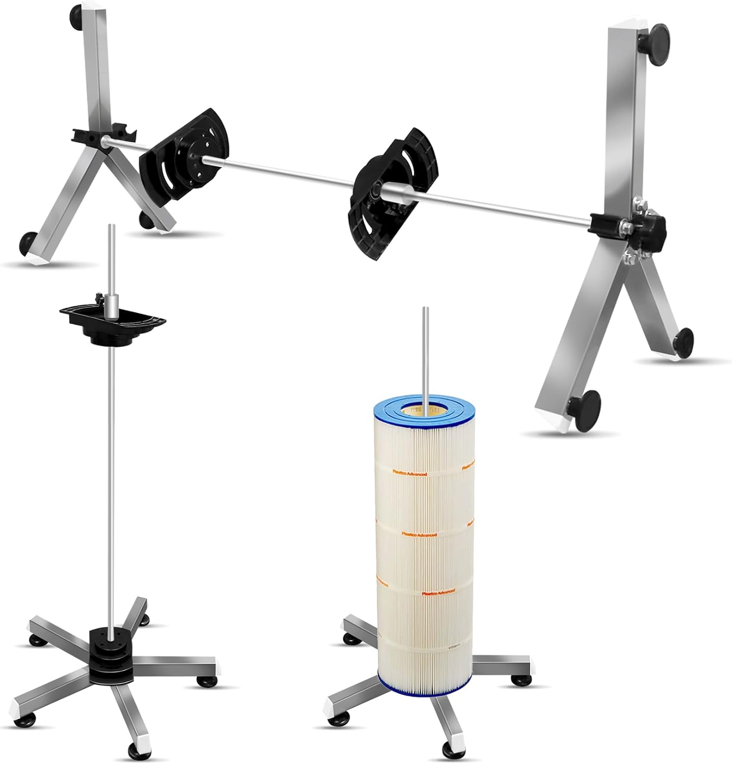 Pool Filter Cleaning System and Cleaner Stand Solid Aluminum Shaft- Compatible with 3，4，and 6 Inch Filter Cartridges，Dual Use Stand Design for Vertical & Horizontal