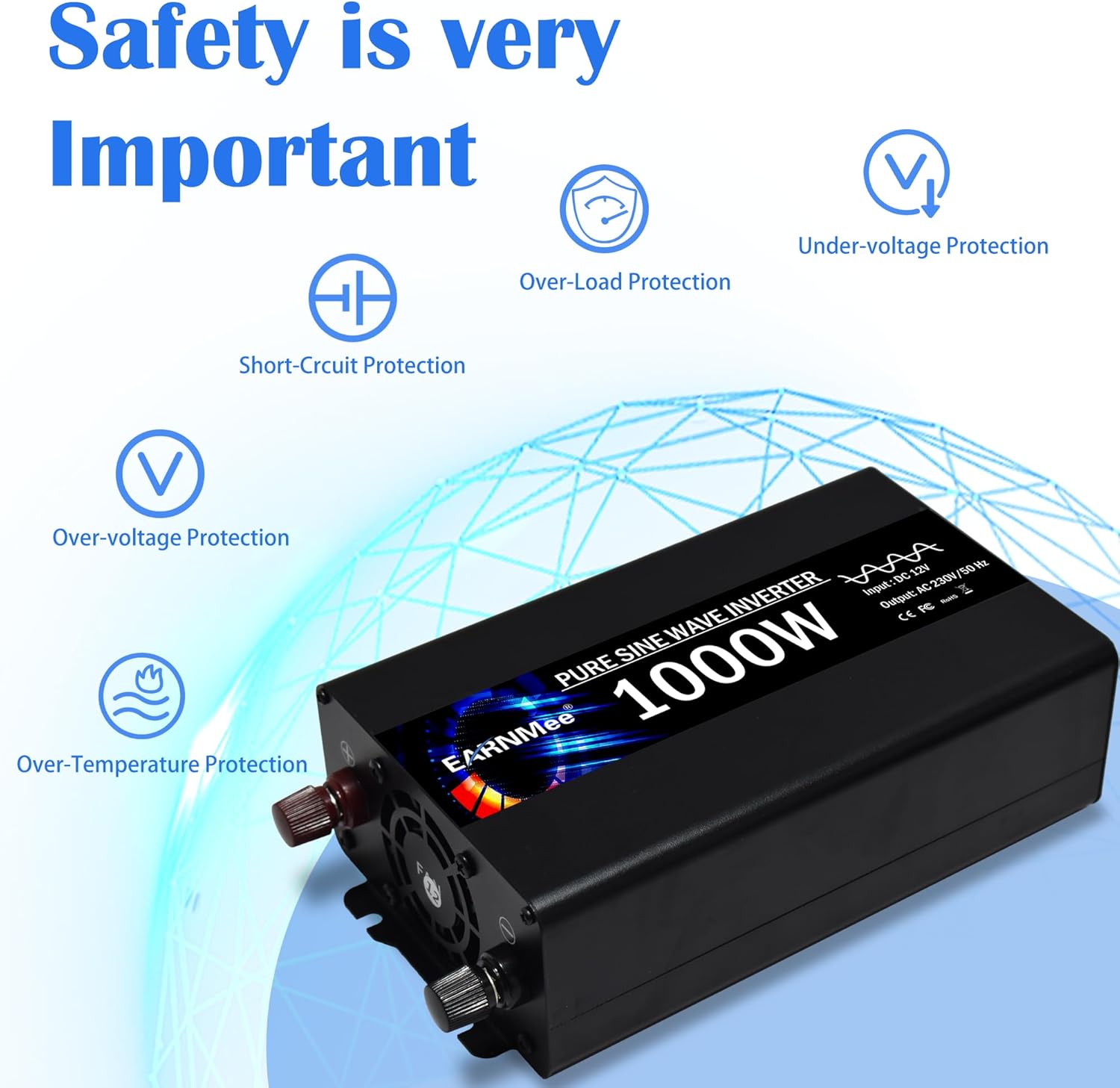 Pure Sine Wave Inverter,1000W Solar Inverter,12v to 110v Car Power Inverters 12v to 120v with Dual AC Socket Intelligent LCD 2000W Peak Power