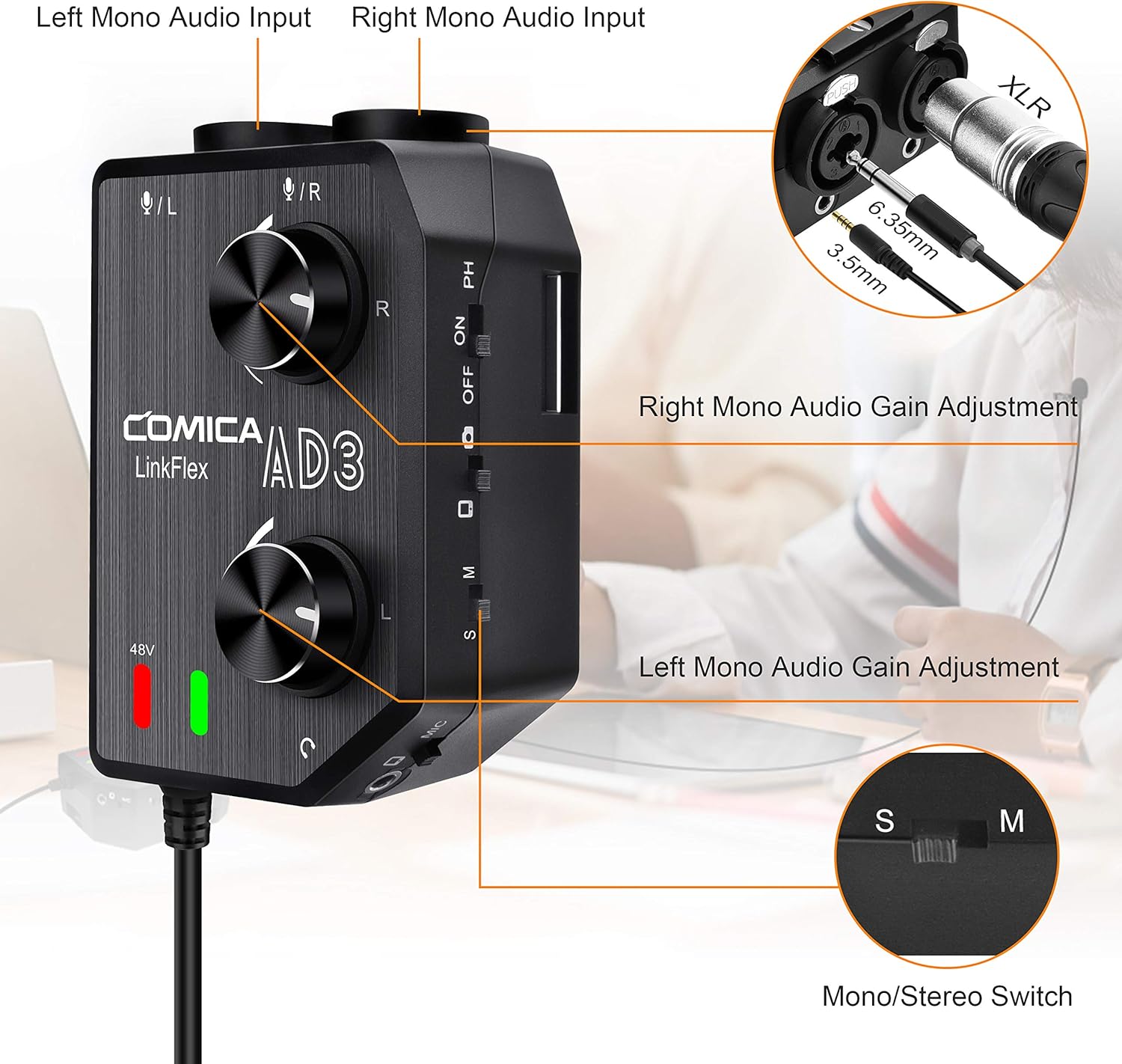 Comica LINKFLEX.AD3 2-Channel XLR/3.5mm/6.35mm Microphone Audio Mixer Preamp with Phantom Power, Real-time Monitoring, Guitar Audio Interface Microphone for DSLR Cameras Camcorders Smartphones Tablets