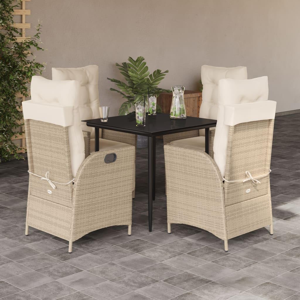 5 Piece Patio Dining Set with Cushions Beige Poly Rattan,Elegant Outdoor Dining Set with Adjustable Lounge Chairs and Glass Table Furniture Sets for Patio, Lawn & Garden