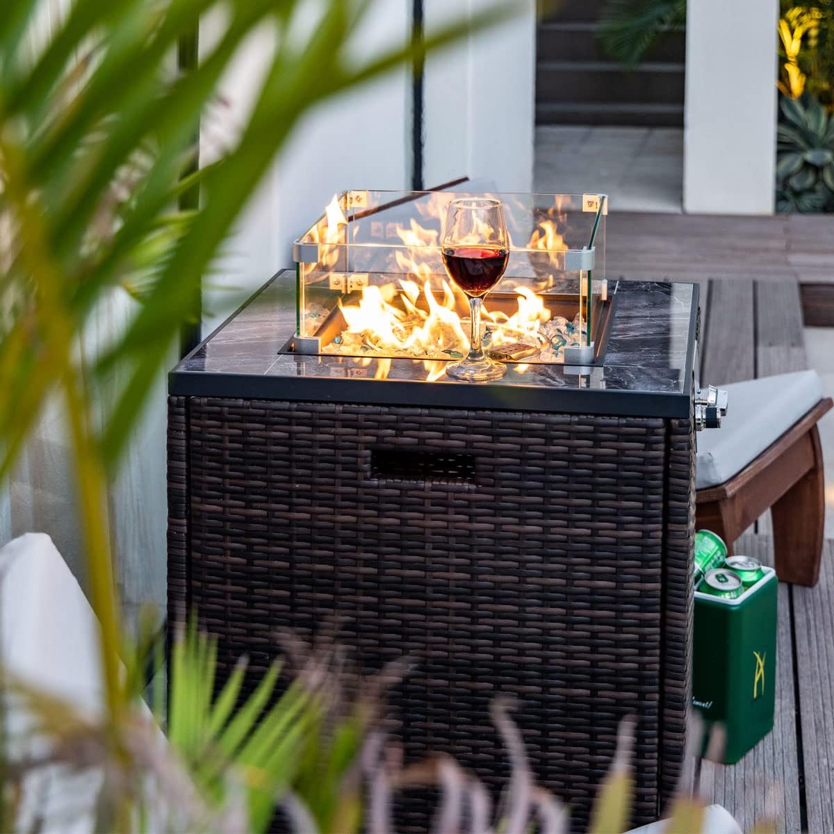 40,000 BTU Outdoor Propane Fire Pit Table with Auto-Ignition - Tempered Glass Wind Guard, Marble Tile Surface, Mixed-Color Fire Glass Rocks & Weather-Resistant Brown PE Rattan