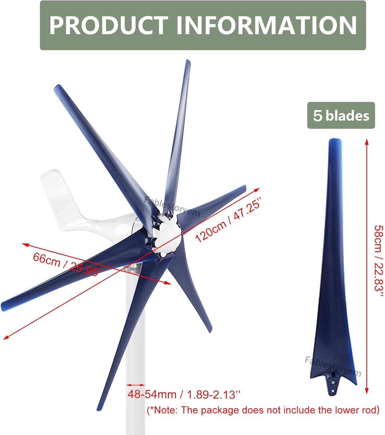 12000W Wind Generator Kit 12V/24V/48V 5 Blade Industrial Machinery Machine Professional Wind Turbines Small Windmill Generator with MPPT Controller for Marine Home Charging,Navy-48V