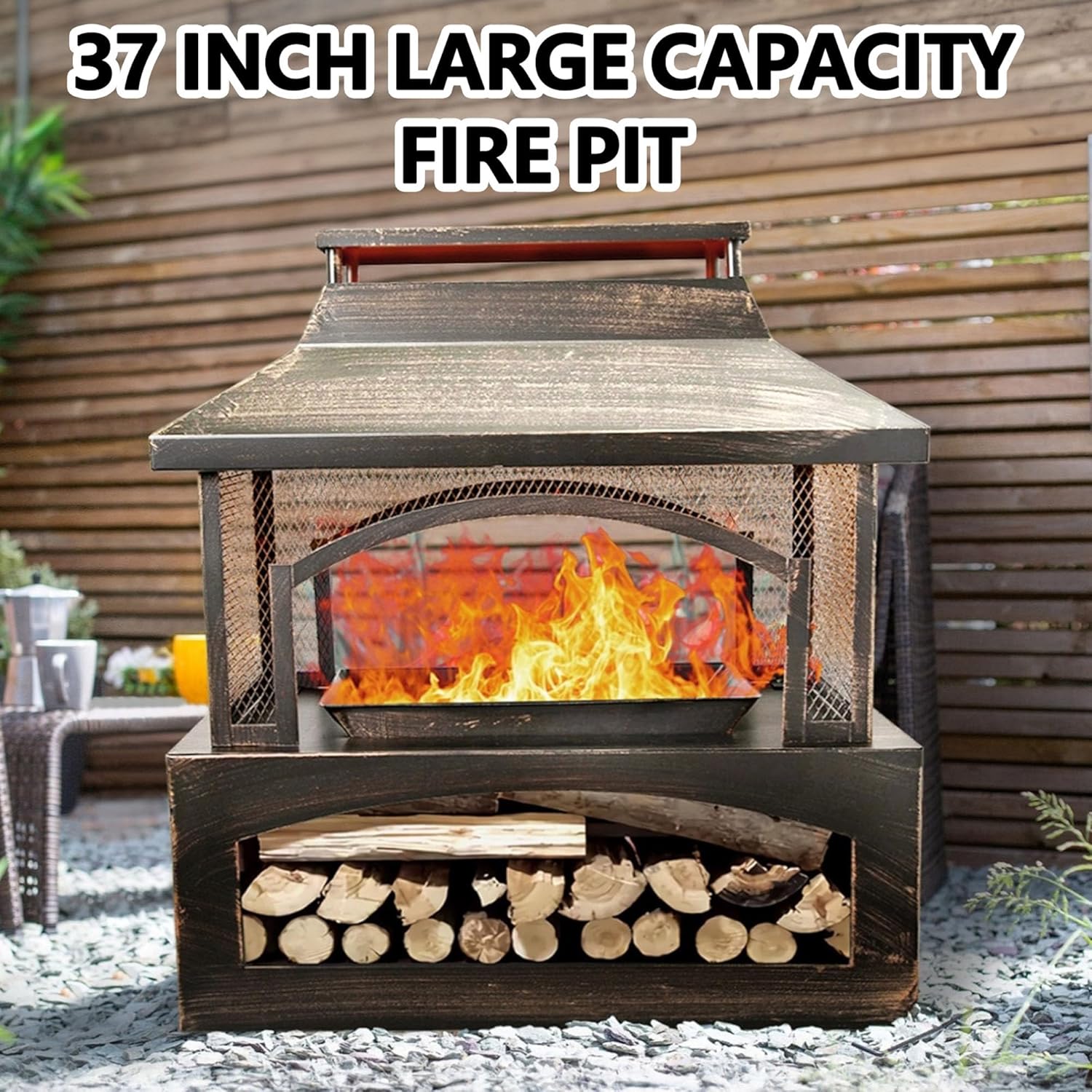 Steel Fire Pits for Outside Wood Burning, 37-Inch Rectangular Outdoor Fireplaces with Chimney & Fire Poker, Large Firepit & Fire Table for Backyard Patio Party Camping Picnic