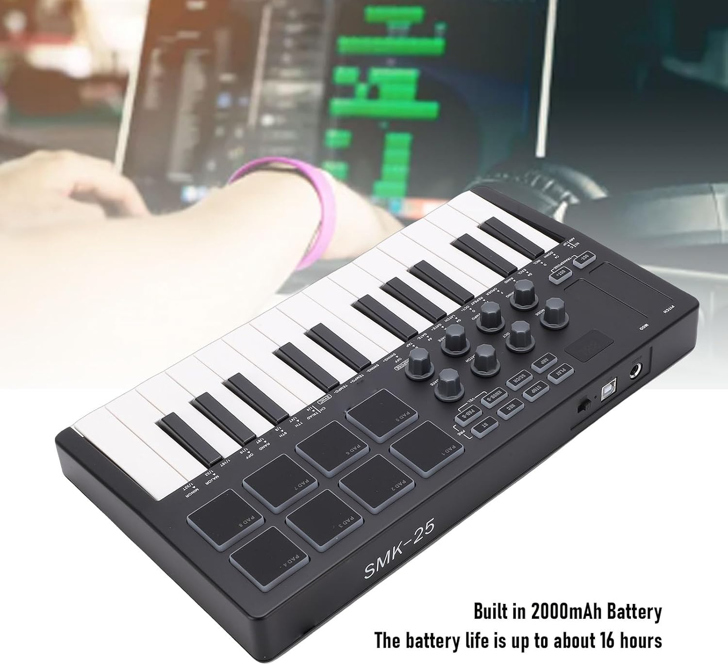 25 Keys MIDI Keyboard Controller, with 8 RGB Backlit Pads & 8 Knobs, Beat Maker, for Music Production