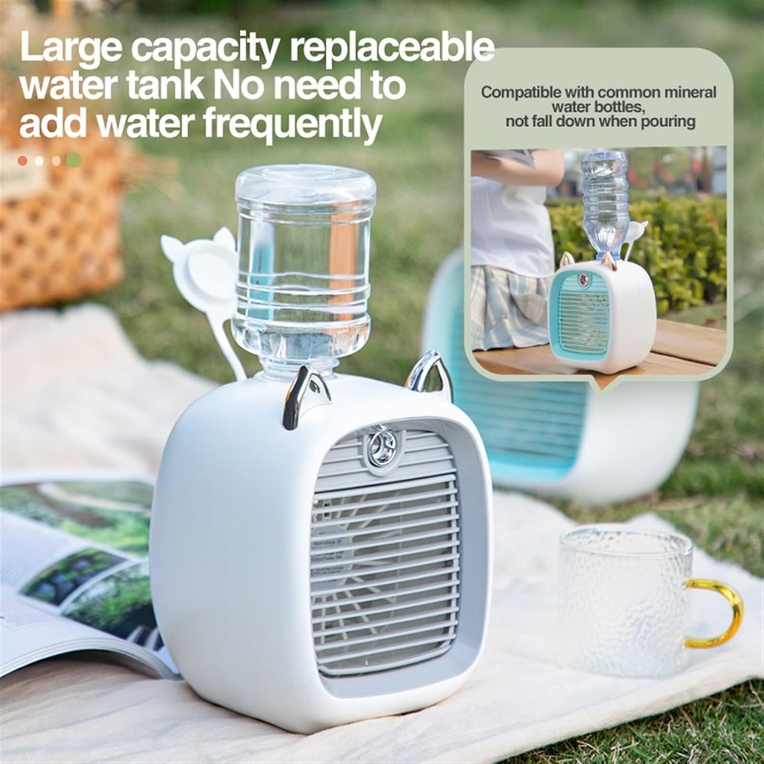 Portable Air Humidifier & Oil Diffuser, Rechargeable 1200/2400mAh Spray Cooling Fan, 3 Wind Speeds, Cute Outdoor & Home Mist Humidifier, Blue(Yellow)