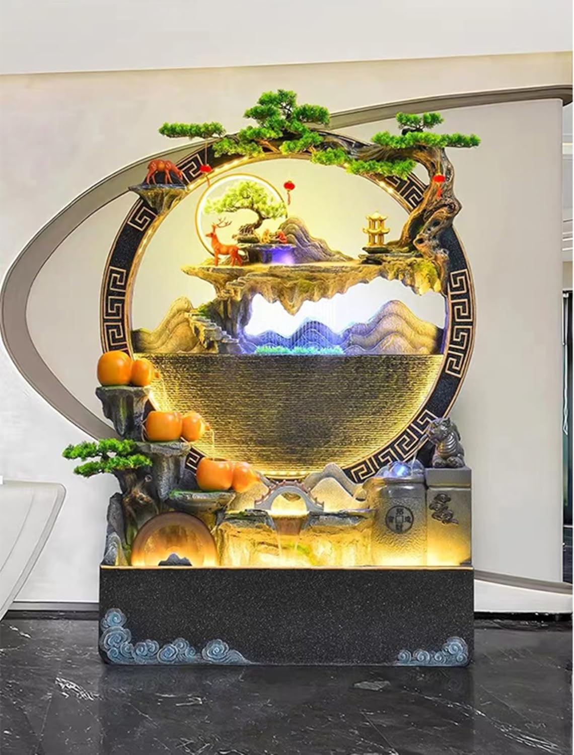 Magnificent 5.8ft Cement Standing Fountain with Lighting Zen Garden Design | Indoor and Outdoor use | Rain and UV Protection(Small Black)