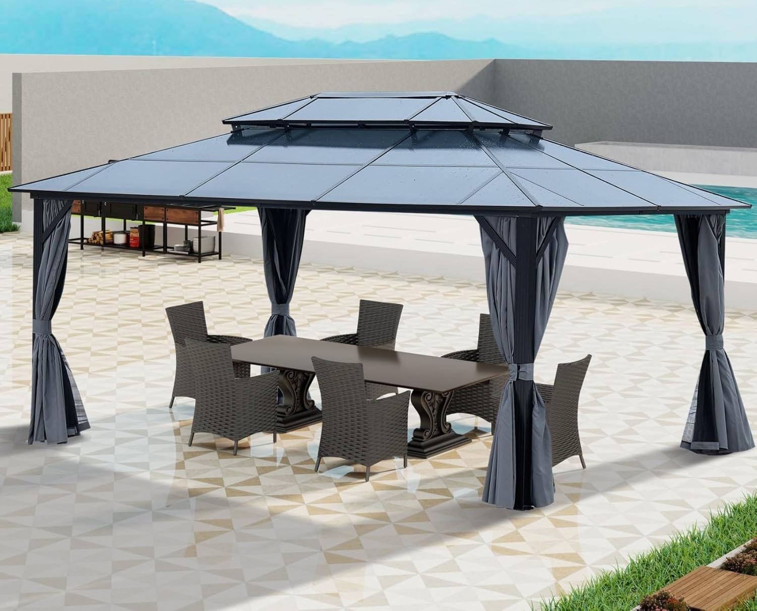 KEIKI 12 * 16FT Permanent Hardtop Gazebo with Netting and Curtains, Double Roof Waterproof Pergola Sunshade Pavilion for Outdoor Patio Lawn Backyard and Garden, Aluminum Frame Polycarbonate Canopy