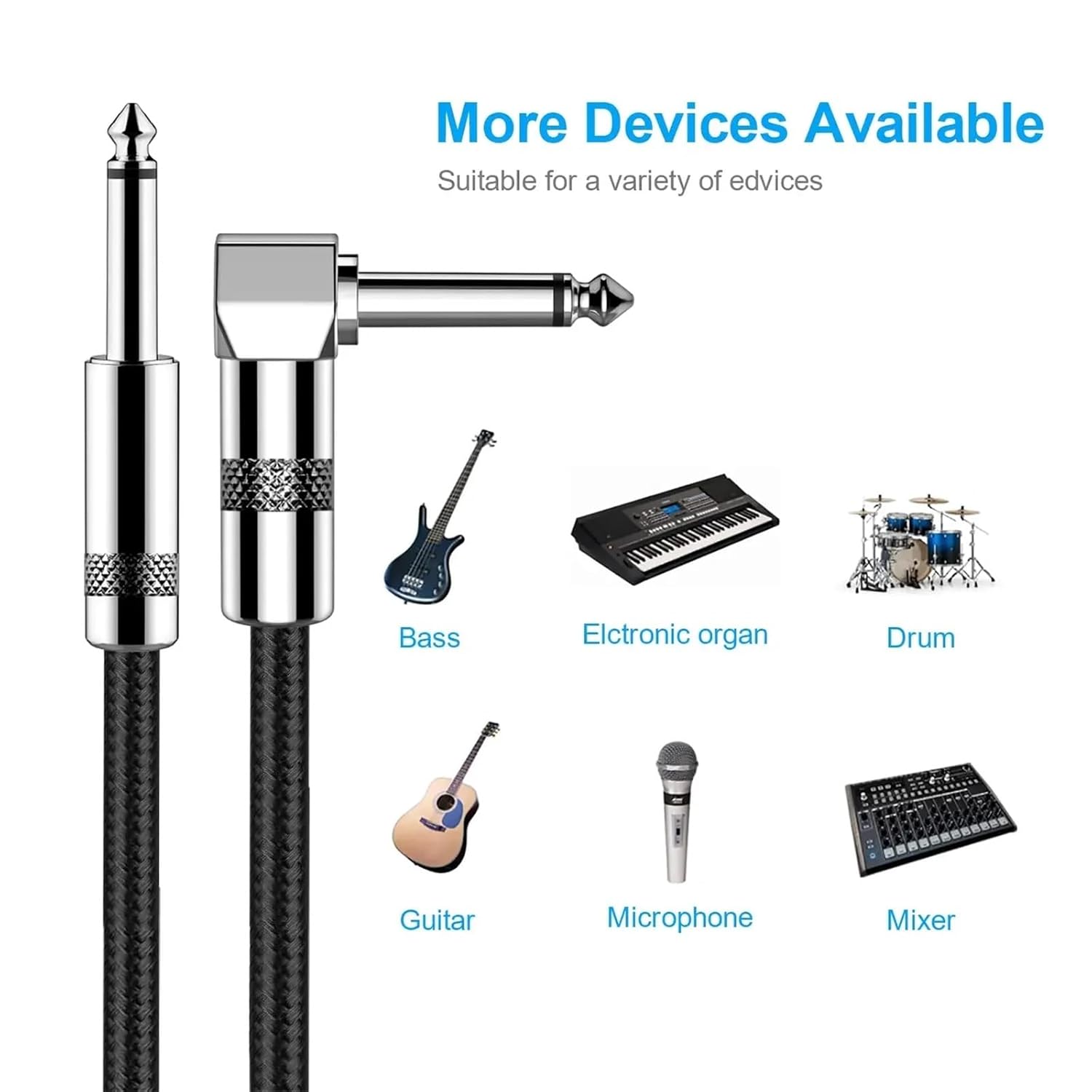 1/4 Inch Right Angled to Straight Guitar Cable TS 6.35mm Male Instrument Mono 6.5mm Cord for Electric Guitar Mandolin Pro Audio(6.5 TS,2m)