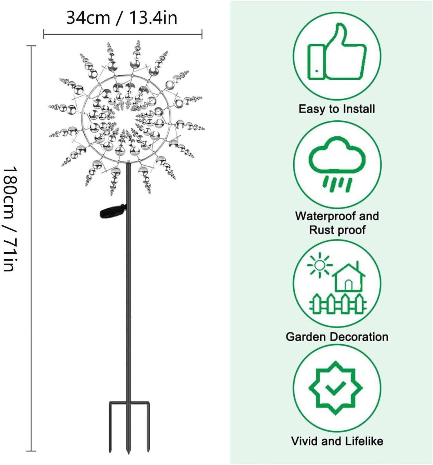Solar Magic Windmill, Metal Wind Spinner 3D Wind Powered, 13.4 x 71in Giant Wind Spinner,Gold