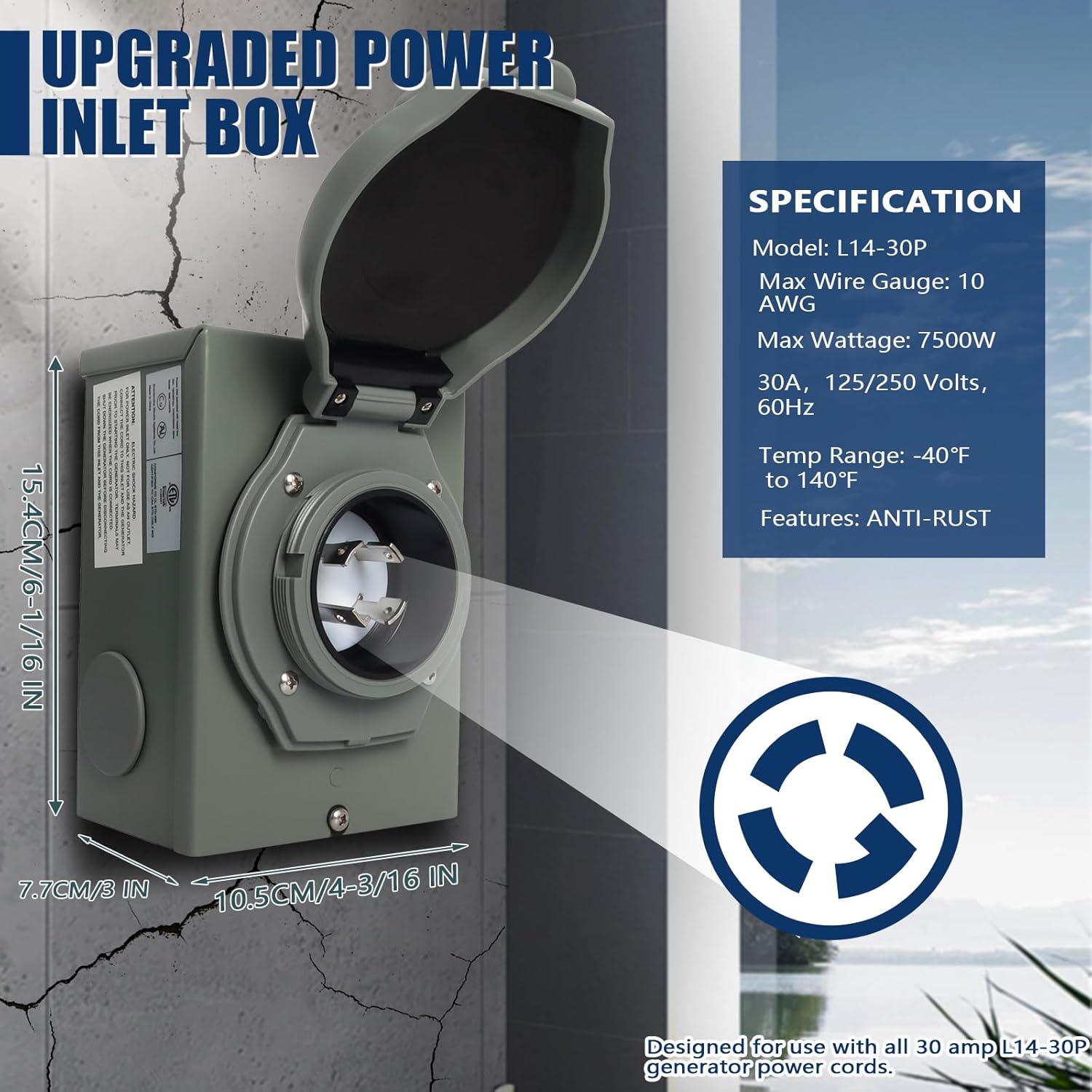 30 Amp Generator Cord and Power Inlet Box, 35 Ft SJTW 4X10AWG Generator Power Extension Cord 4 Prong Blue NEMA L14-30P to L14-30R 125V, 7500W Generator Power Inlet Organizer Combo Kit ETL Listed