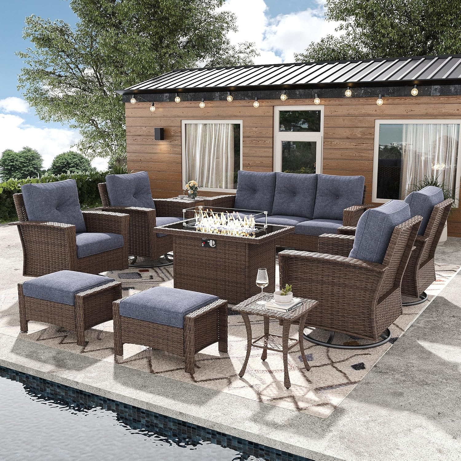 10 Pieces Outdoor Patio Furniture Set with Fire Pit Table, Wicker Patio Sectional Set Conversation Wicker Swivel Chairs with Small Side Table