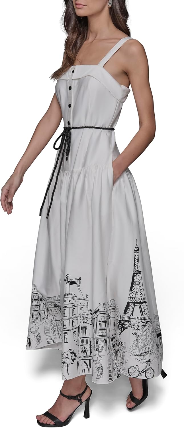 Karl Lagerfeld Womens Sleeveless Button Detail Cotton Midi Dress