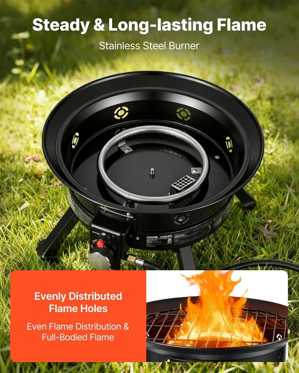 VEVOR Propane Fire Pit 24-Inch, 53,000 BTU Portable Gas Fire Pit, with Grill Grate & Lava Rocks, Adjustable Flame, Folding Legs,Smokeless Outdoor Firebowl for Camping, Patio, Backyard, Deck, RV, Black