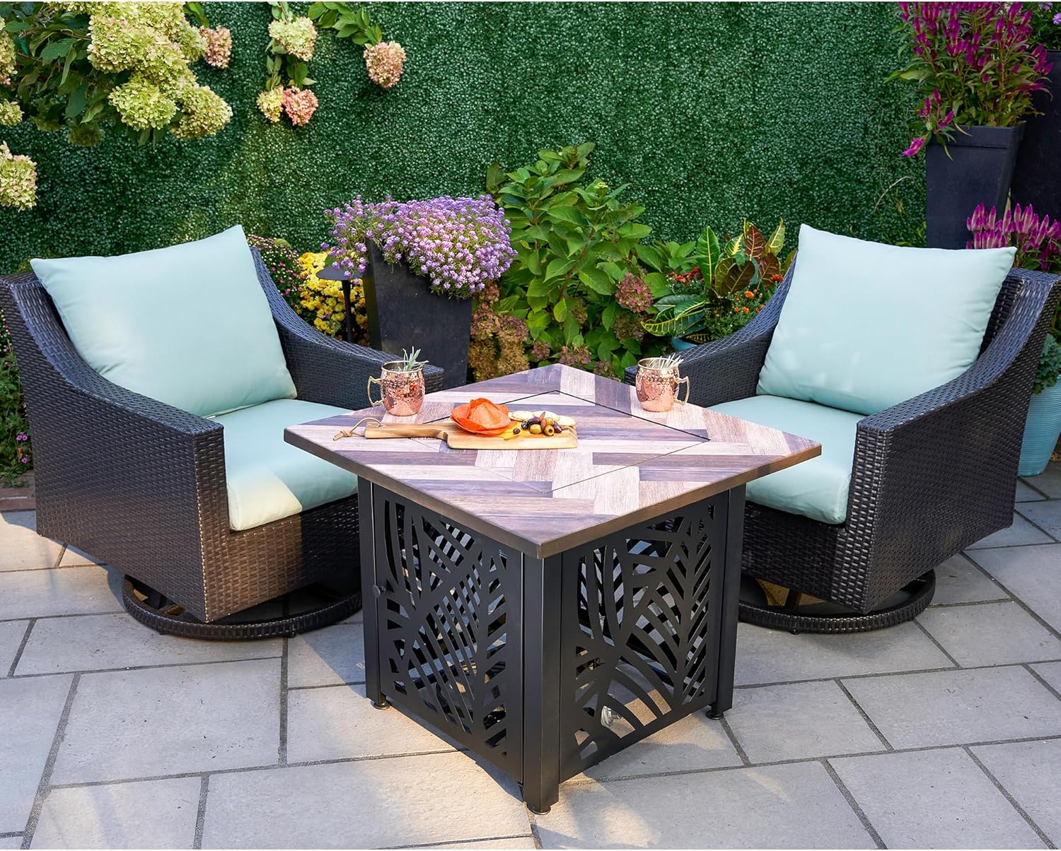 Endless Summer Darby 30 Inch Square Outdoor UV Printed 50,000 BTU LP Gas Fire Pit​ Table with Faux Wood Mantel and Stamped Steel Base