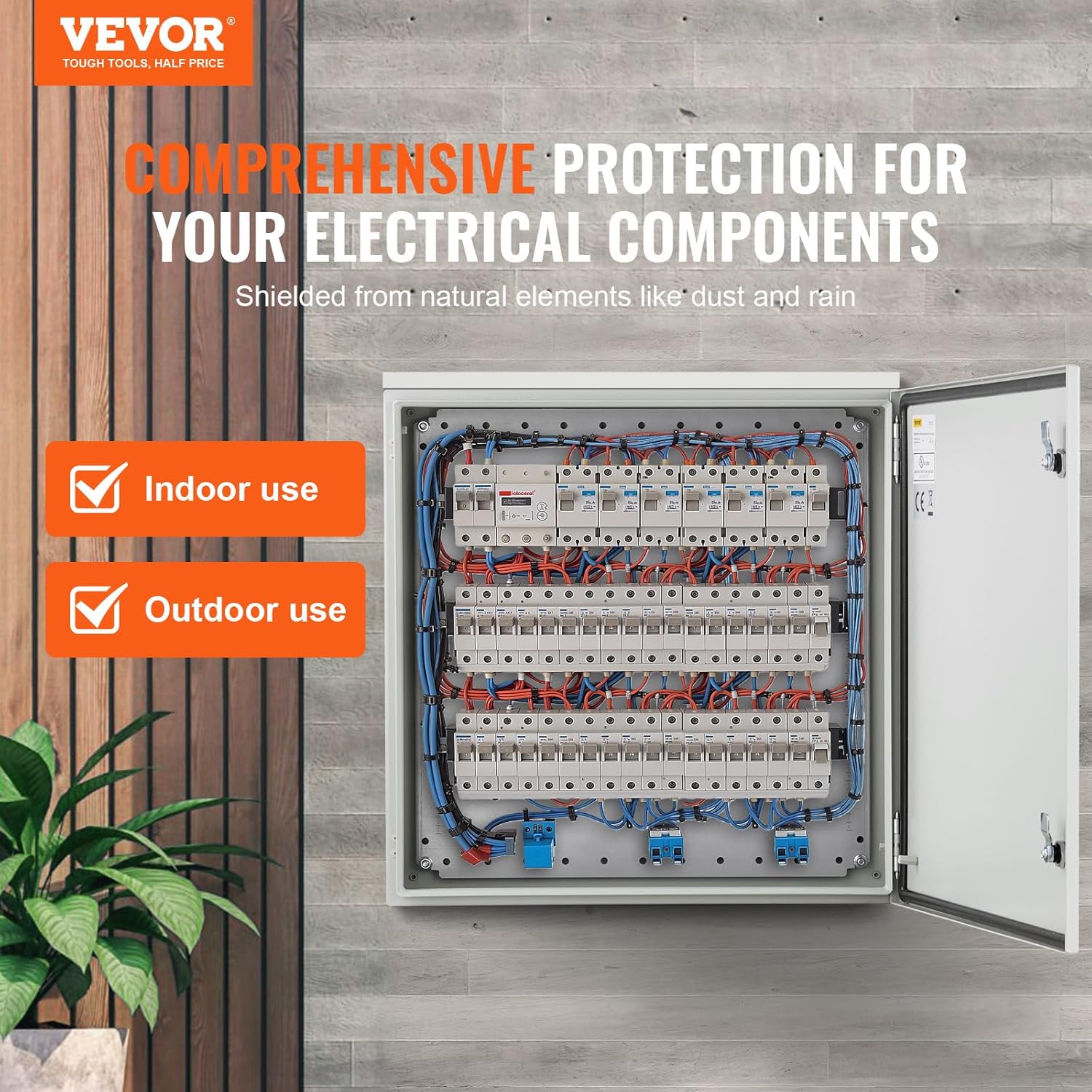 VEVOR Electrical Enclosure, 24'' x 24'' x 8'', NEMA 4 Outdoor Enclosure, IP65 Waterproof & Dustproof Cold-Rolled Carbon Steel Hinged Junction Box for Outdoor Indoor Use, with Rain Hood