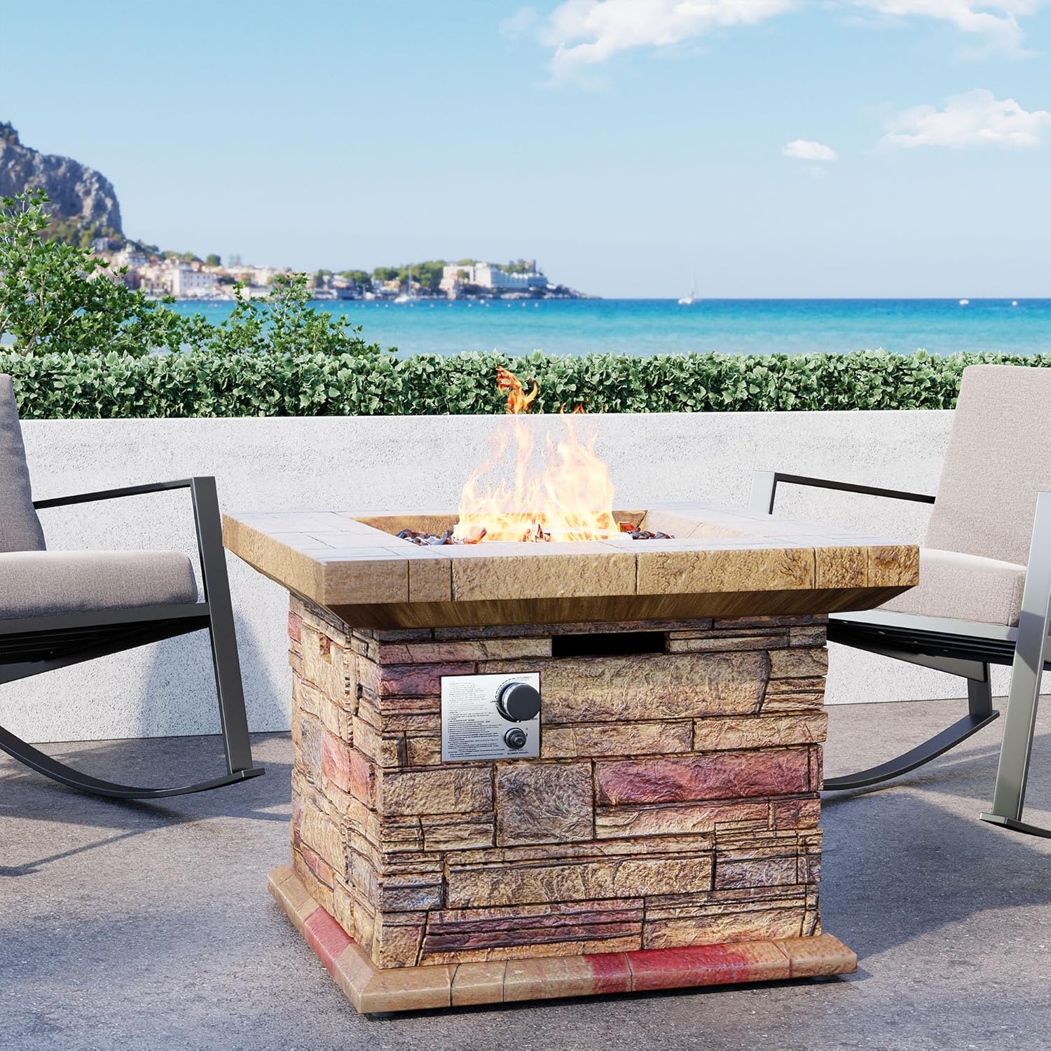 SUNBURY Outdoor Propane Fire Pit, Square Stonecrest Gas Firepit for Outside Patio, Concrete Propane Fire Table 50,000 BTU Gas Fire Pits w Lava Rocks, Waterproof Cover, CSA Certified