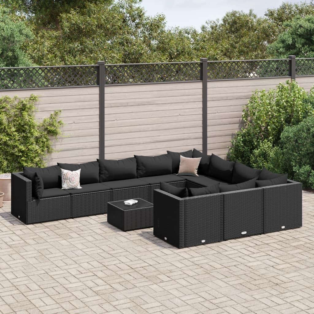 11-Piece Black PE Rattan Patio Sofa Set, Powder-Coated Steel Frame, Tempered Glass Coffee Table, Outdoor Garden Furniture for Balcony, Deck