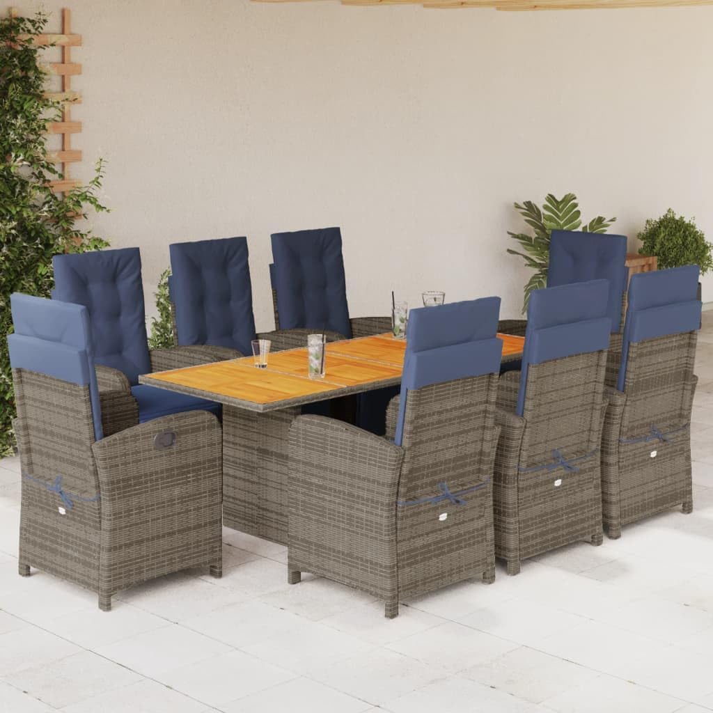 9 Piece Patio Dining Set with Cushions Gray Poly Rattan,Patio Dining Set with Adjustable Reclining Chairs and Spacious Acacia Wood Table Furniture Sets for Patio, Lawn & Garden