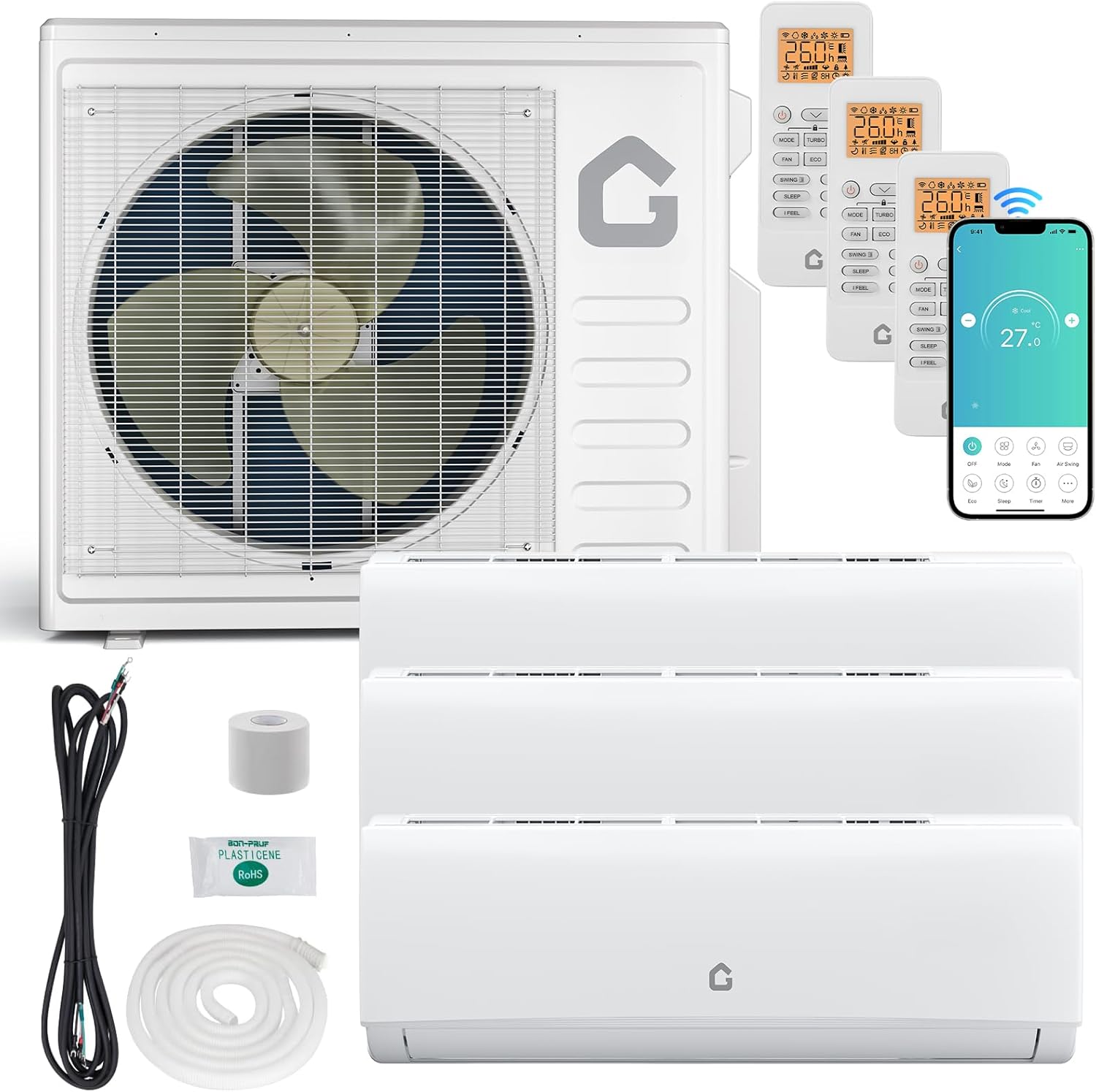 Garvee 28K BTU 3 Zone Mini Split AC/Heating System, 20 SEER2 Ductless Wall Mounted Mini Split Air Conditioner, 9000 + 12000 +12000BTU with Wifi, No Copper Tube Line Set Included-208-230V