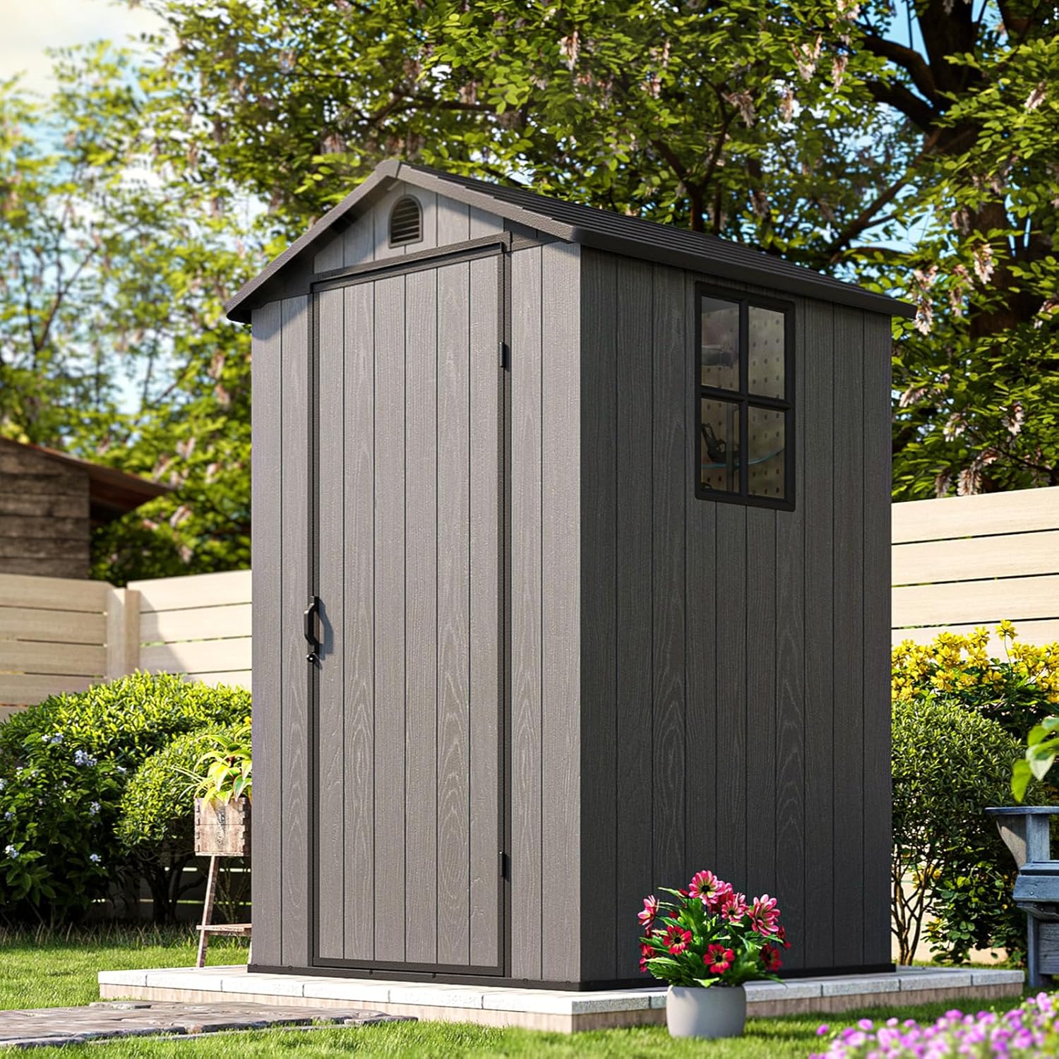 Patiowell 4' x 4' Outdoor Storage Shed with Floor, Plastic Shed Outside Resin Tool Shed with Window and Lockable Door for Backyard Garden Patio Lawn, Deep Gray