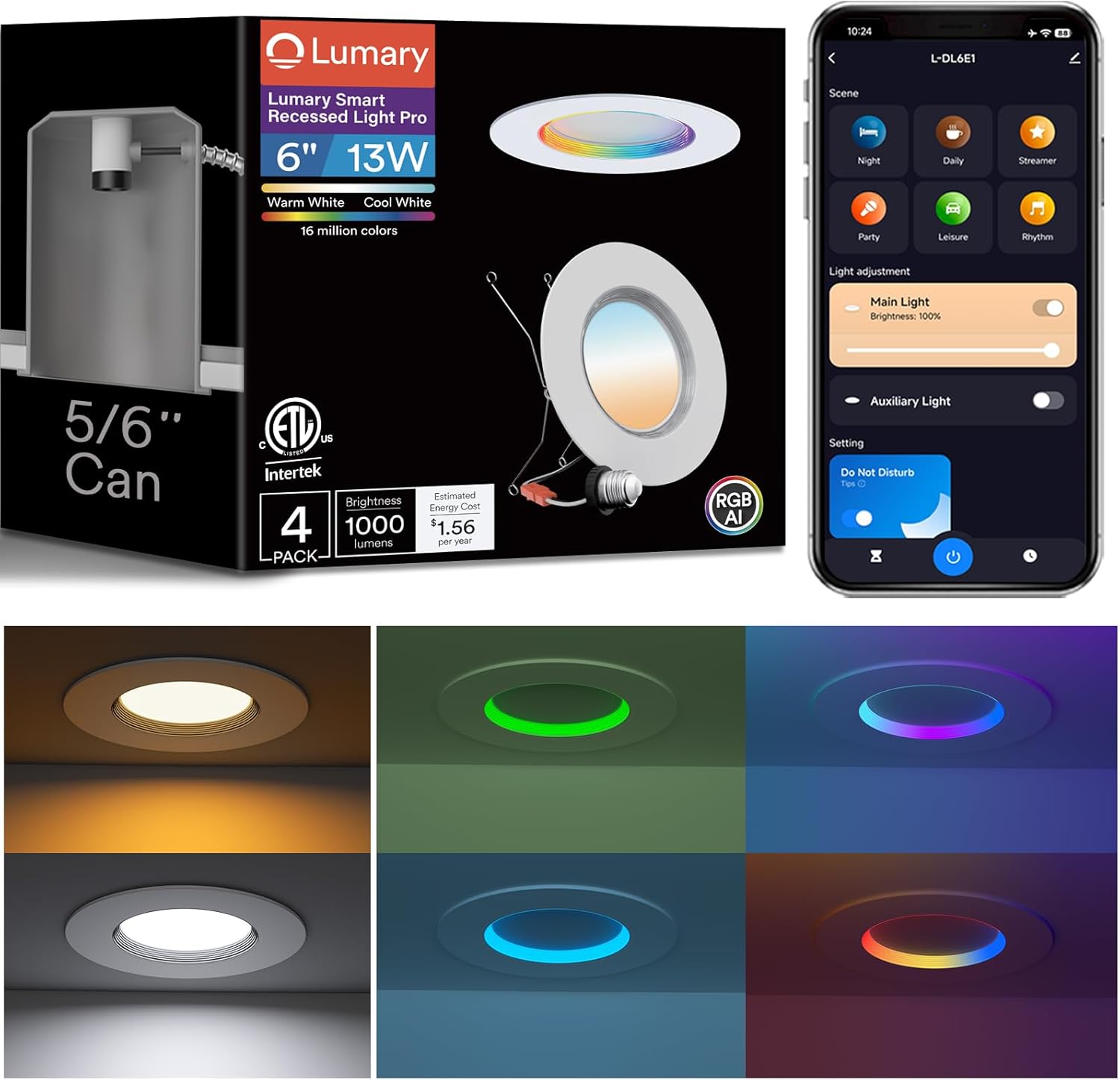 Lumary Smart Retrofit Recessed Lighting 6 Inch, RGBAI Retrofit Can Light, Work with Alexa Google, Wi-Fi Bluetooth Direct Connect, 66 Scene Modes, ETL&FCC, 1000LM CRI90, 4 Pack