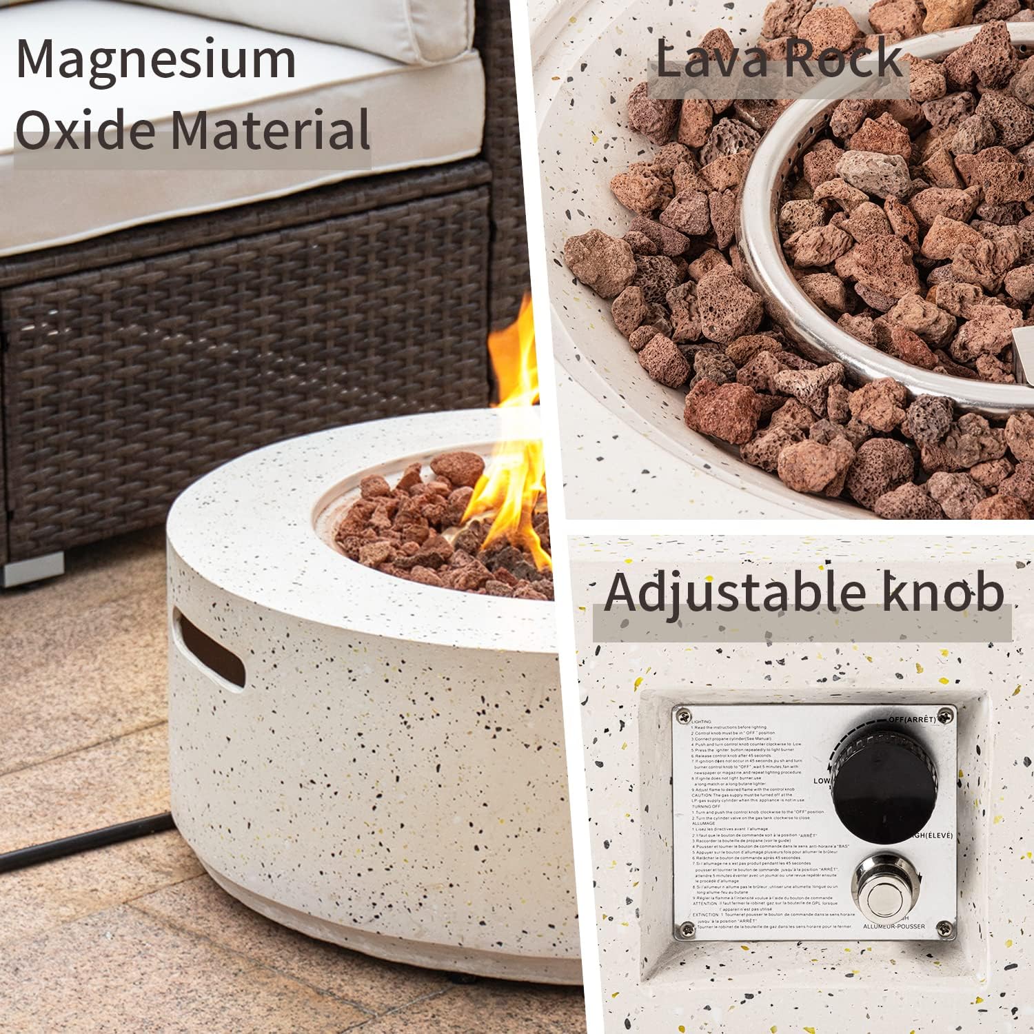 SUNBURY Outdoor 28 Inch Propane Fire Pit Table, Round Fire Table w Glass Wind Guard, 40,000 BTU Spotted White Patio Gas Fire Table Waterproof Cover, Lava Rocks