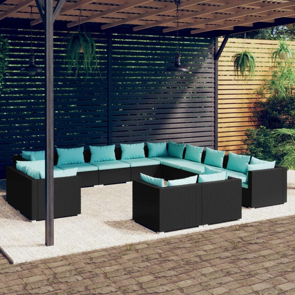 13 Piece Patio Lounge Set with Cushions Black Poly Rattan,Modern 13Piece Rattan Garden Lounge Set: Enhance Your Outdoor Living Space Patio Furniture, Outdoor Furniture Sets