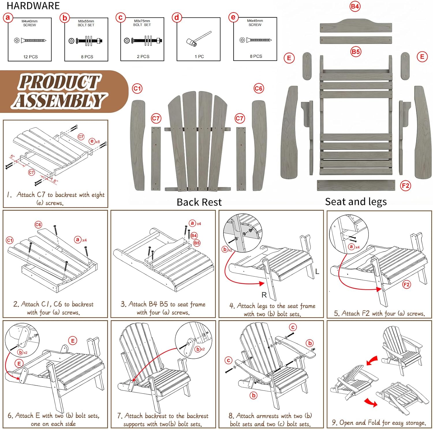 Folding Adirondack Chair, Solid Wood All-Weather Fire Pit Chairs with Pre-Assembled Backrest & Seat Board for Deck Backyard Patio Outdoor, Gray