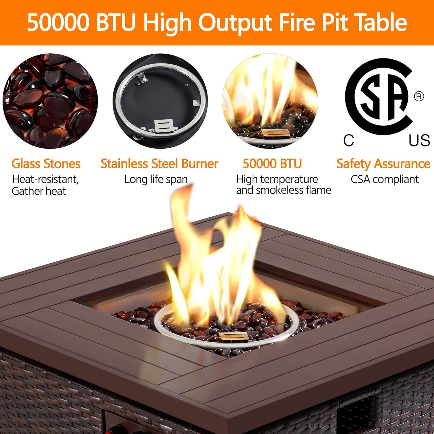 Yaheetech Fire Pit 28in Propane Fire Pit Table 50,000 BTU Wicker Gas Fire Pit Table w/Weatherproof PE Rattan Frame and Fire Glass for Outdoor Patio Garden Backyard, Smokeless Gas Firepit Table