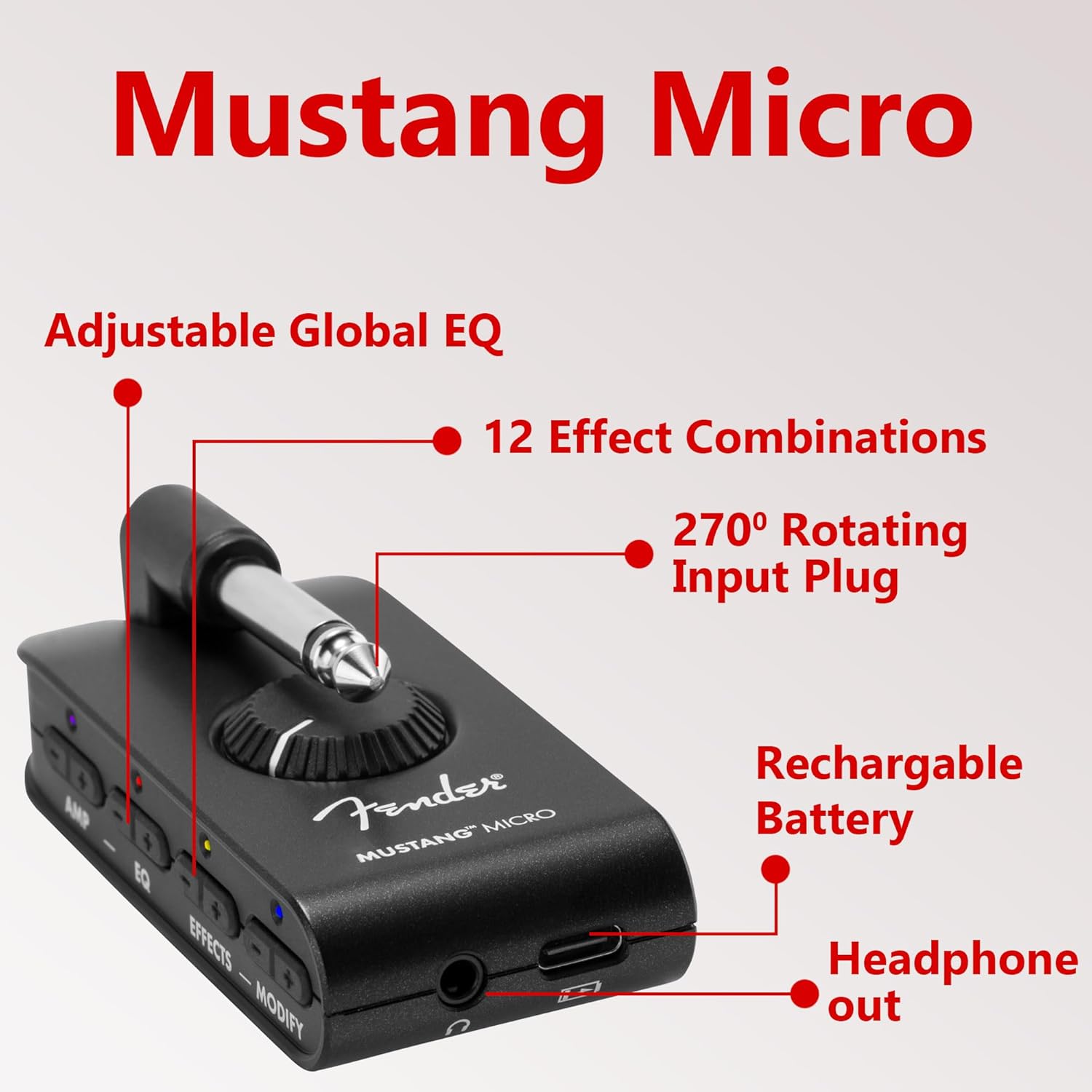 Fender Mustang Micro Personal Guitar Amplifier Bundle with Austin Bazaar Exclusive 12-Pack Picks and Instructional DVD