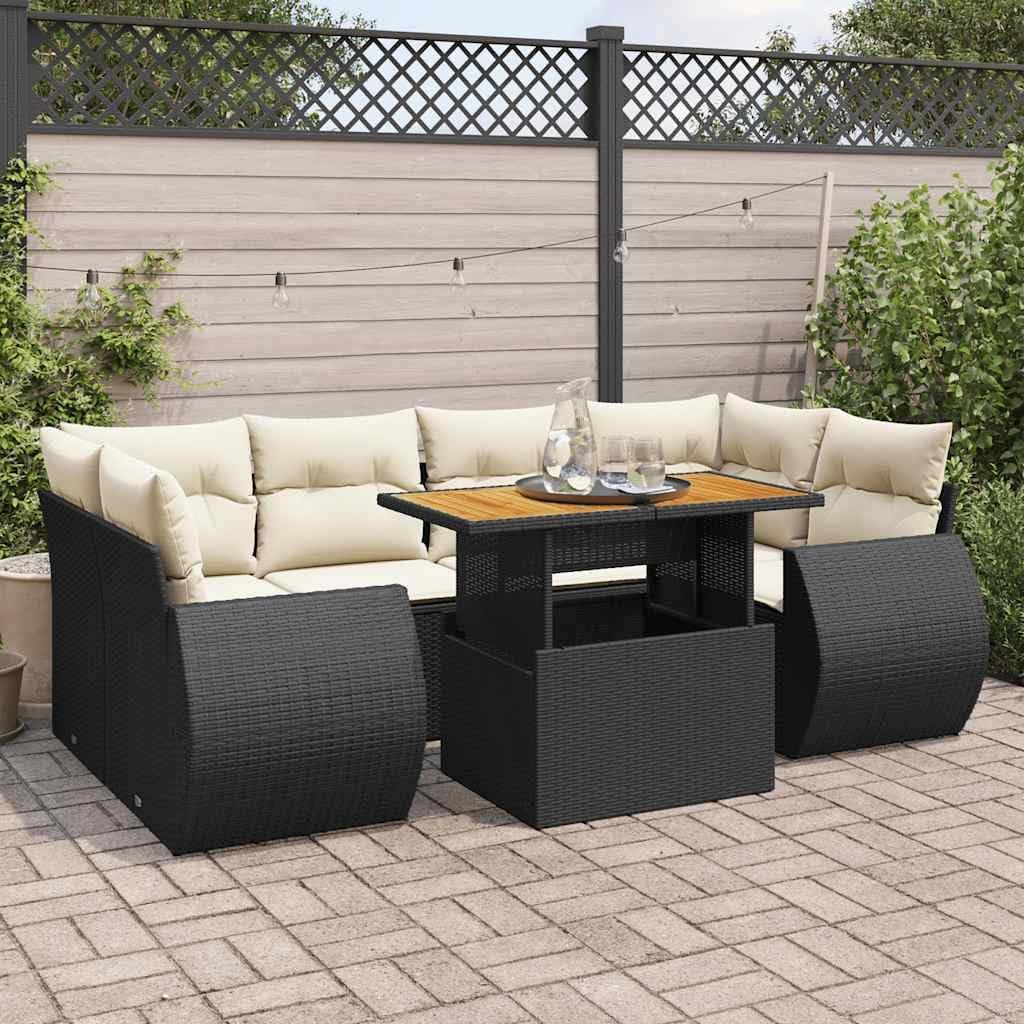 7-Piece Modular Garden Sofa Set Black, UV Resistant Synthetic Rattan and Acacia Wood Outdoor Furniture with Soft Cushions and Adjustable Armrests for Patio, Balcony, Terrace