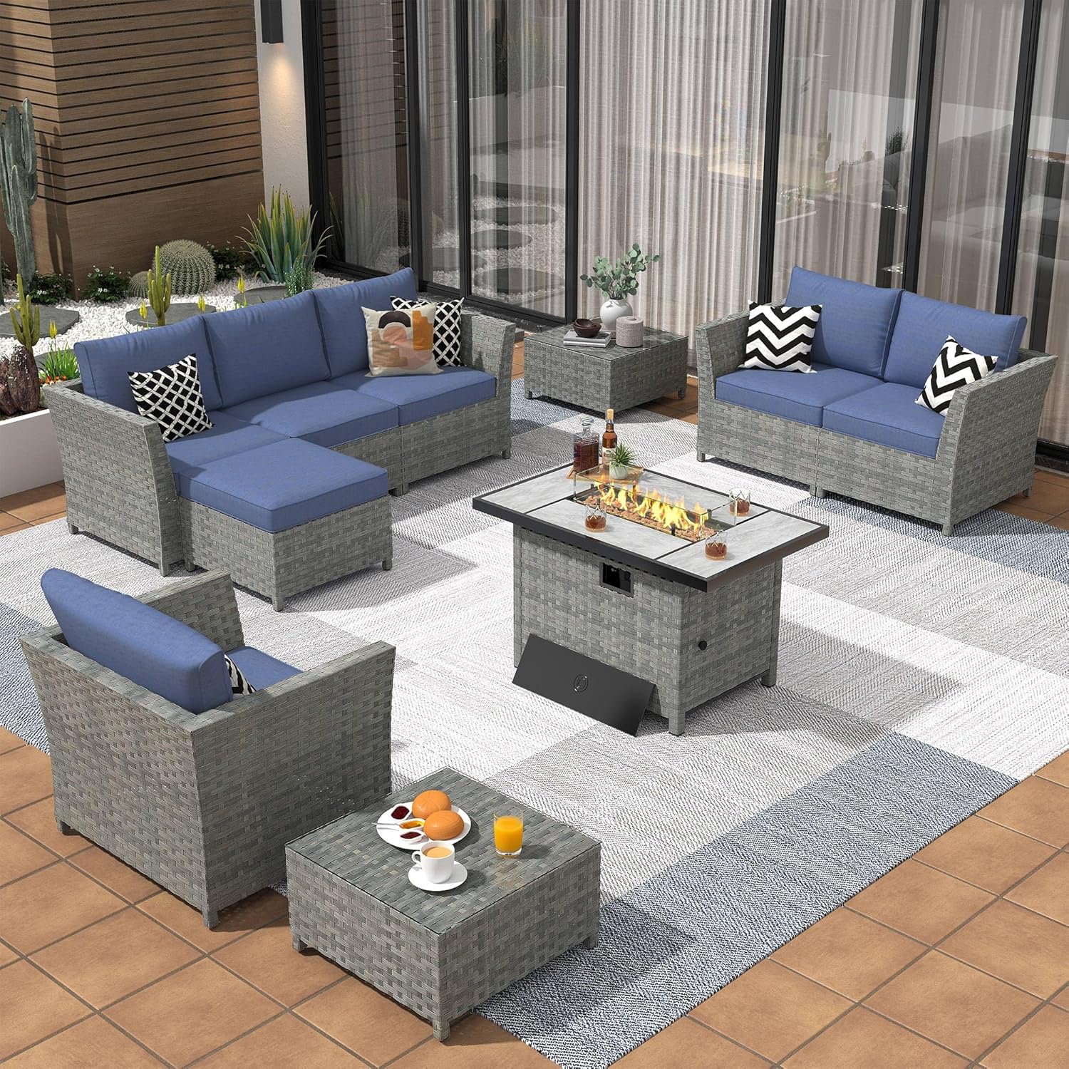 Patio Conversation Set, 10-Pieces Outdoor Sectional Sofa with 42 Inch Fire Pit Table, Rattan Sectional Sofa Set for Backyard (Denim Blue)