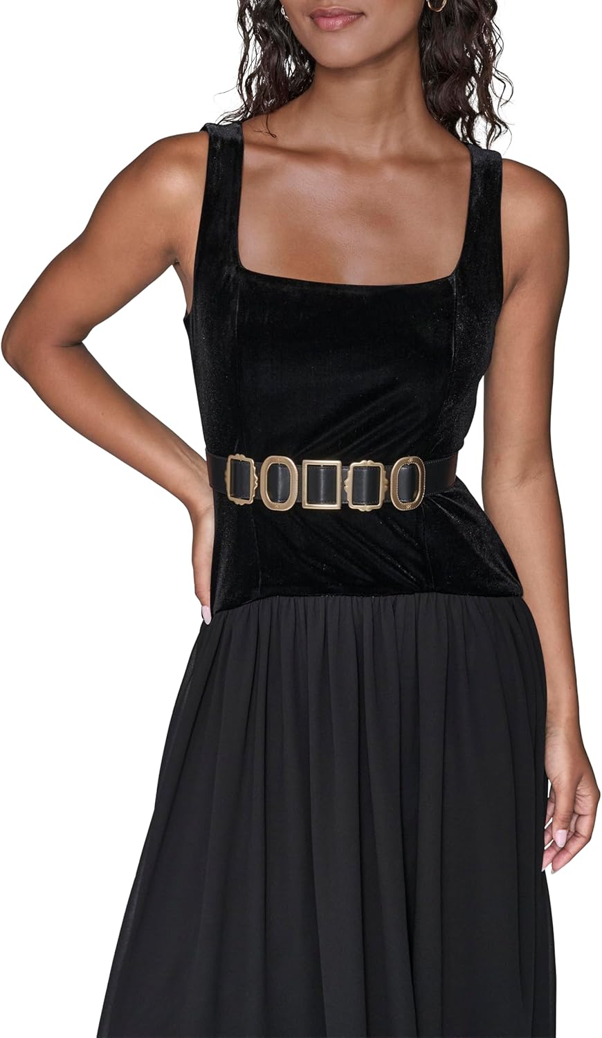 Karl Lagerfeld Womens Sleeveless Stretch Velvet Novelty Belt Midi Dress