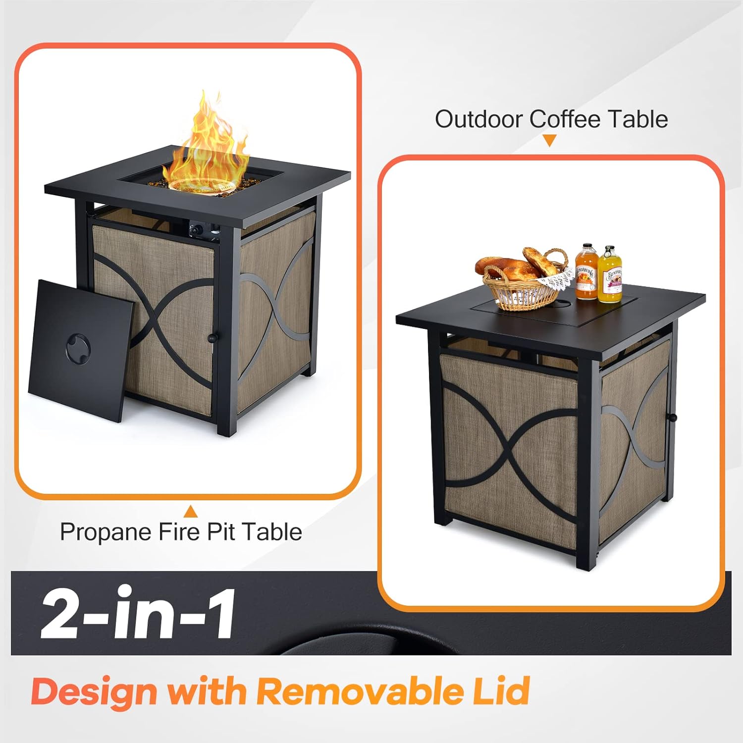 COSTWAY 25-Inch Propane Fire Pit Table, 40000 BTU Square Gas Fire Pit Table with Lid, Fire Glass and Adjustable Flame, 2-in-1 Outdoor Fire Table, CSA Approved