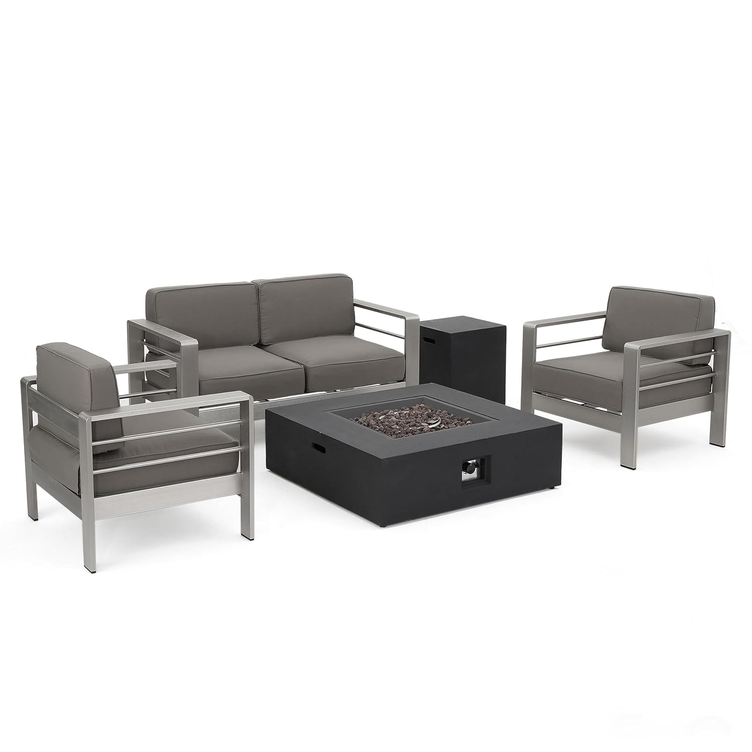 Christopher Knight Home Cape Coral Outdoor Aluminum Chat Set with Fire Table, Khaki / Dark Grey