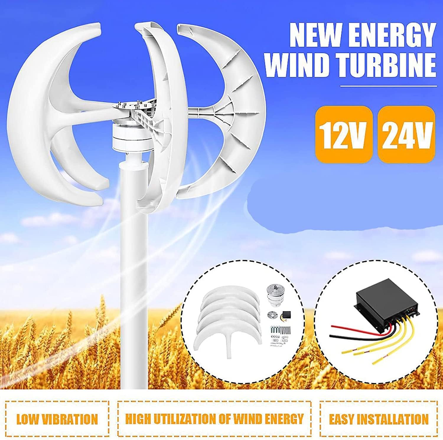 8000W Vertical Axis Wind Turbine Generator with Controller,5 Blades White Color Vertical Wind Turbines Generator Kit for Home Hybrids Streetlight