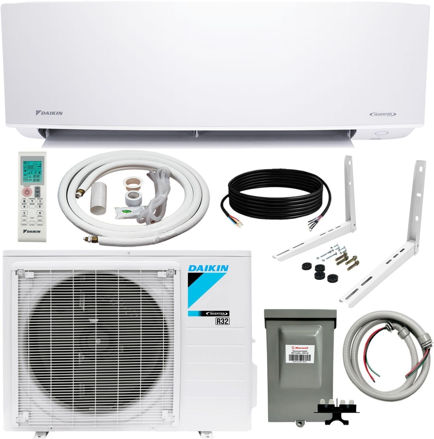Daikin 9,000 Btu 21 SEER2 Oterra Series Ductless Mini-Split, Wall Mount Heat Pump Air Conditioner - R32 w/Installation Kit, 1/2 Whip, 30A Disconnect, and Wall Bracket