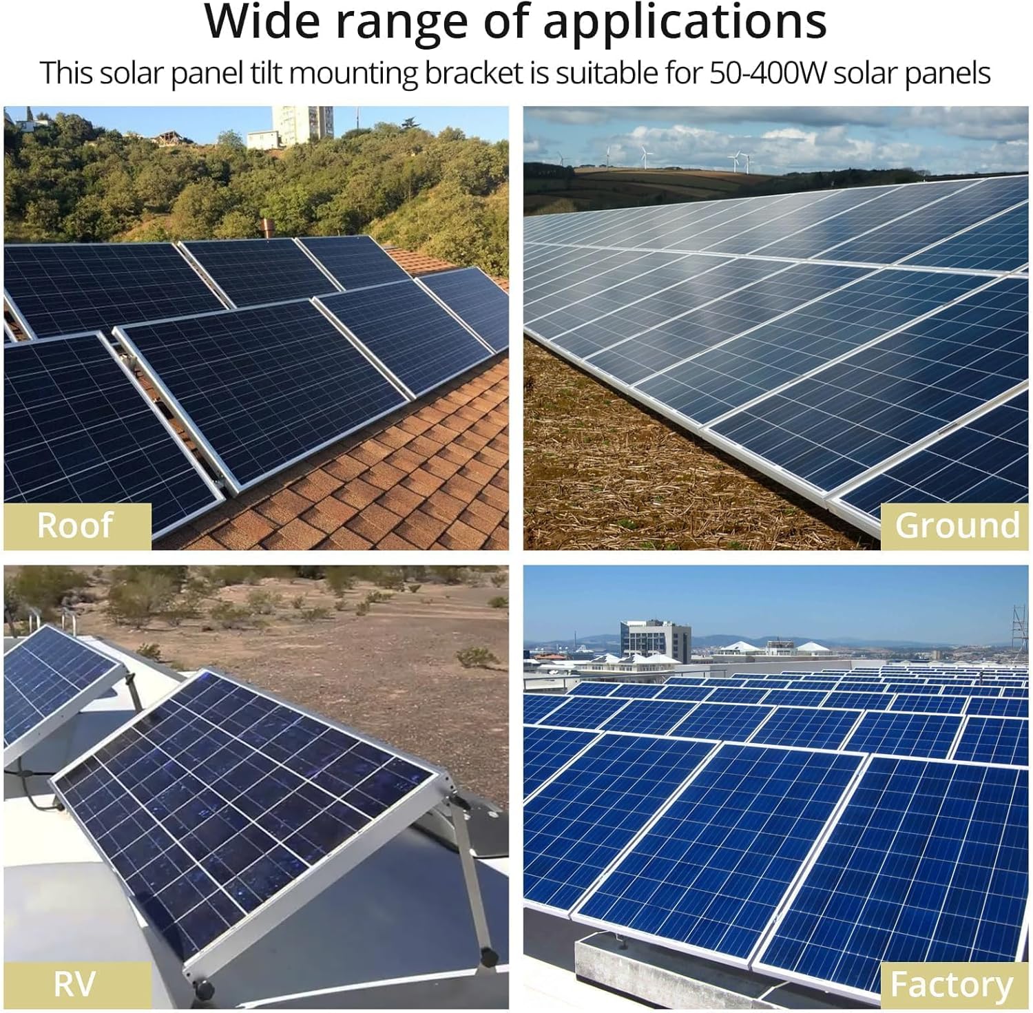 Anbte 2 Set Adjustable Solar Panel Tilt Mount Brackets, Aluminum Alloy Solar Ground Mount 15-30° Support 50W 70W 100W 150W 200W 300W 400W Panels, for Flat Surface, RV, Roof, Boat, Silver