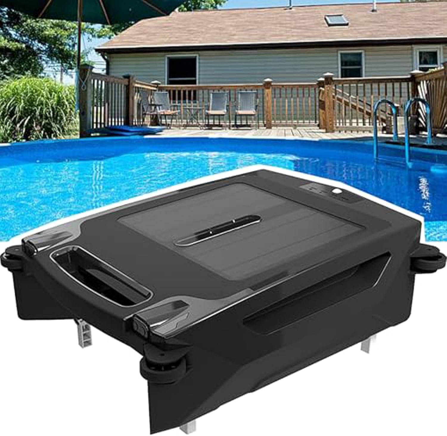 Solar/Electric Robotic Pool Skimmer Cleaner, Automatic Pool Cleaner Robot with Obstacle Avoidance, Daytime ＆ Overnight Continuous Cleaning, 2 Speed Modes