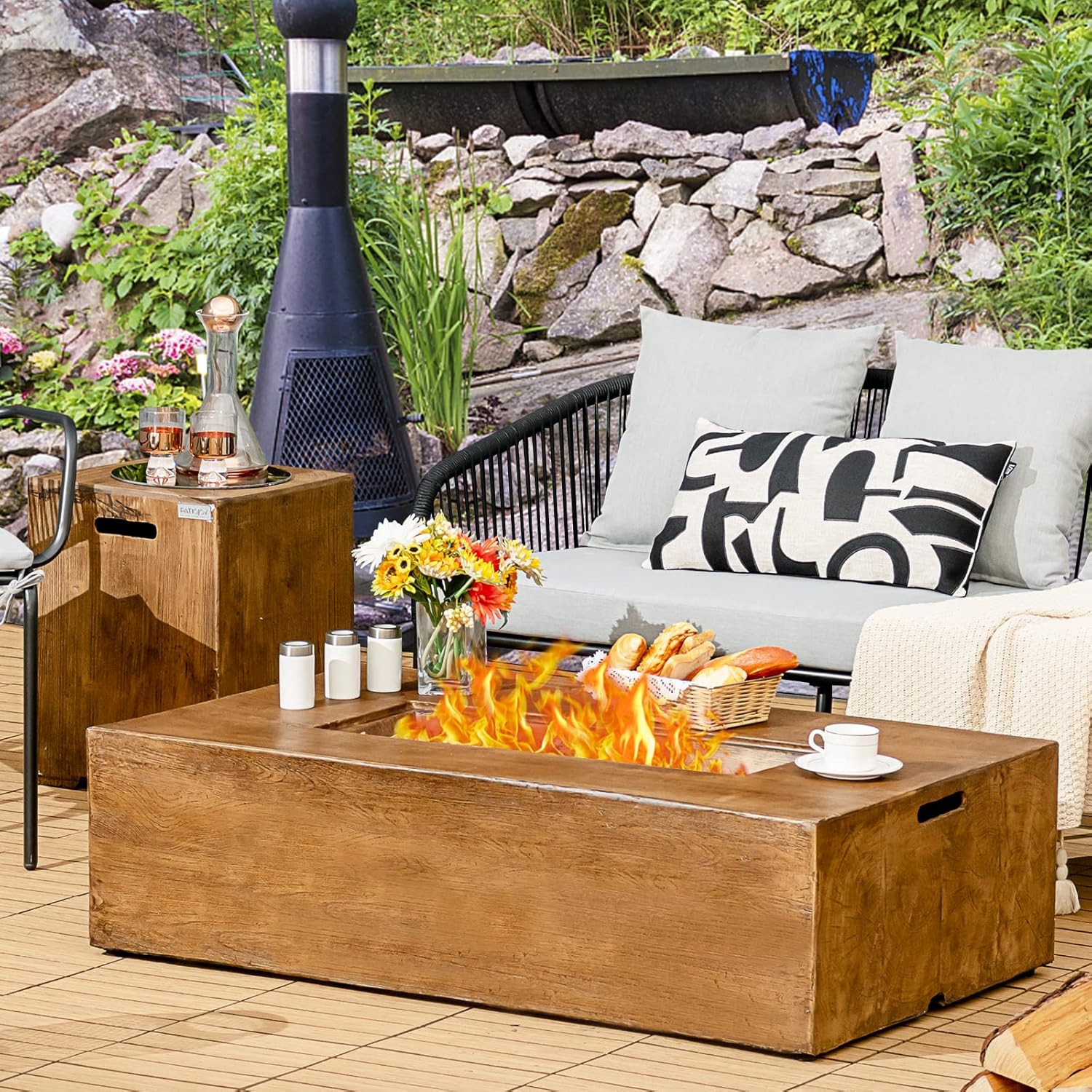 Tangkula 2 Pieces Outdoor Propane Fire Pit Table Set, Patiojoy 48 Inch Rustic 50,000 BTU Rectangular Gas Fire Pit Table with 20 lbs Tank Side Table, Lava Rocks, Cover for Patio, Garden, Yard