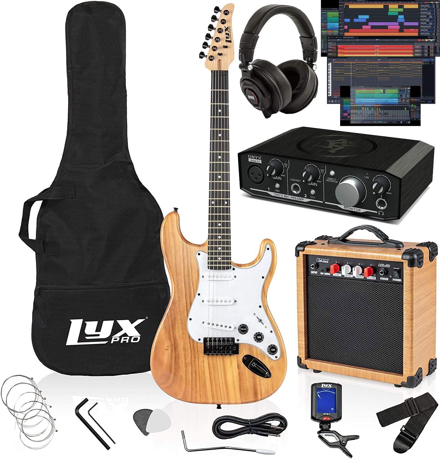 LyxPro Full Size Electric Guitar Natural with 20w Amp Package, Mackie Onyx Artist 2-2 Audio/Midi interface With Pro Tools First/Tracktion Music Production Software Kit With Professional Headphones