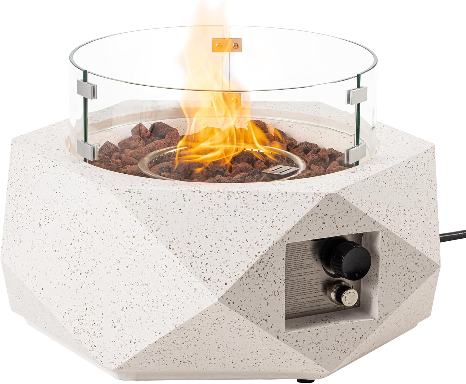 SUNBURY Outdoor Propane Fire Pit Table, 28 Inch Patio Gas Fire Table 50,000 BTU Small Fire Pit for Outside in Spotted White w Glass Wind Guard, Lava Rocks