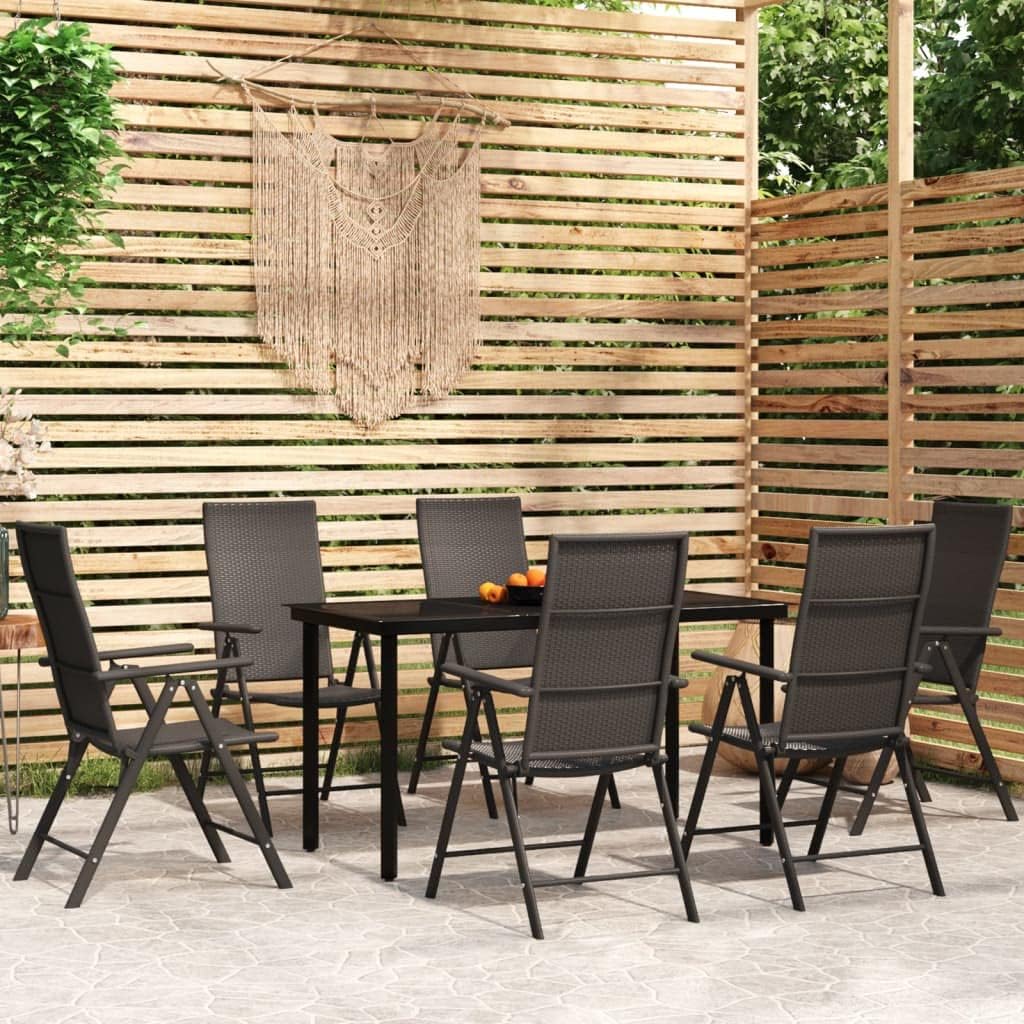 7 Piece Patio Dining Set Black,Black Patio Dining Set with Reclining Chairs, Glass Table Top, PowderCoated Steel Frame Furniture Sets for Patio, Lawn & Garden